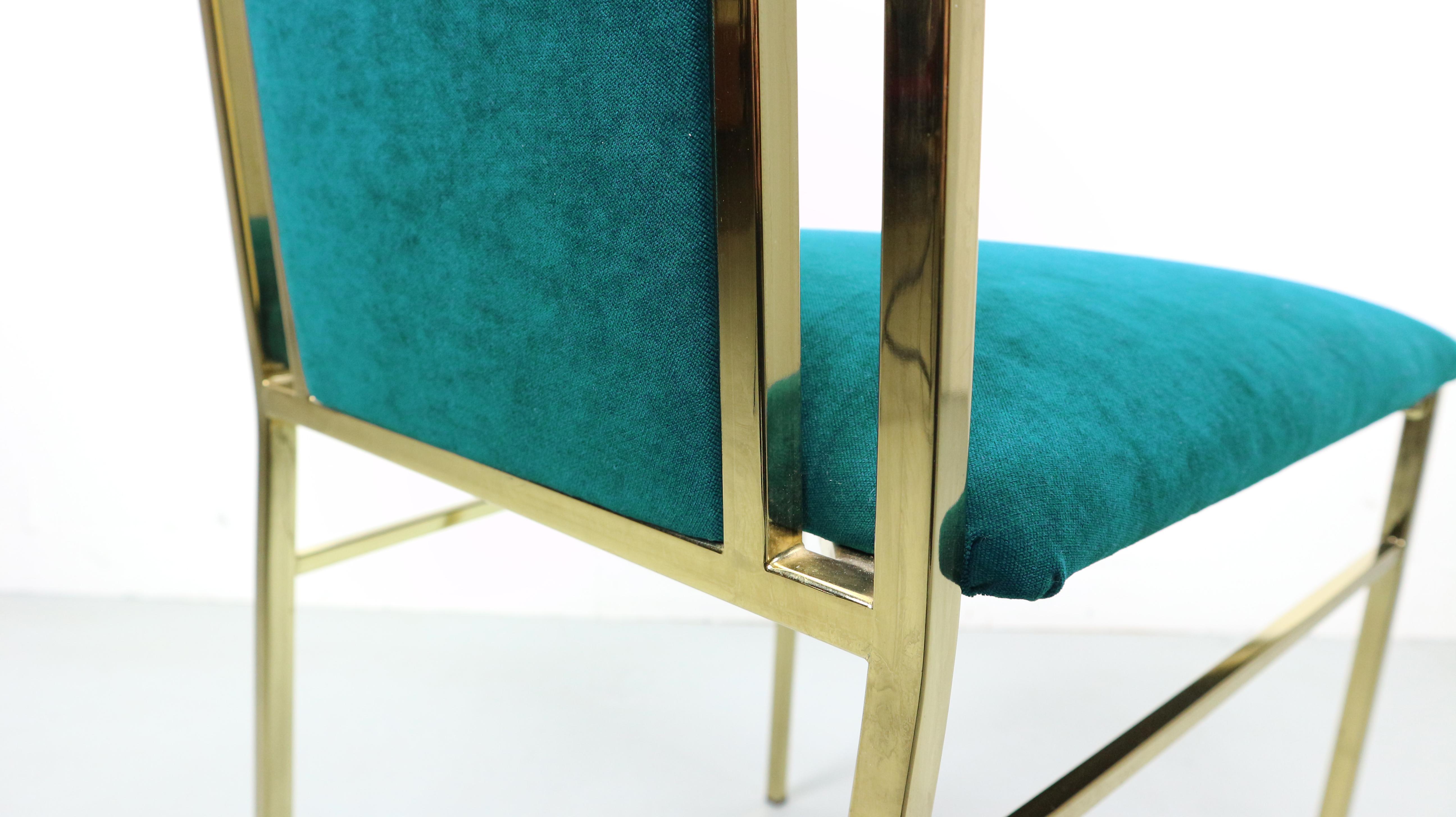 These Italian polished brass framed dining chairs attributed to Romeo Rega.
The mixed metal framing adds a modern note to the chairs' appearance.
The chairs has been newly upholstered in Azure color velvet.
 