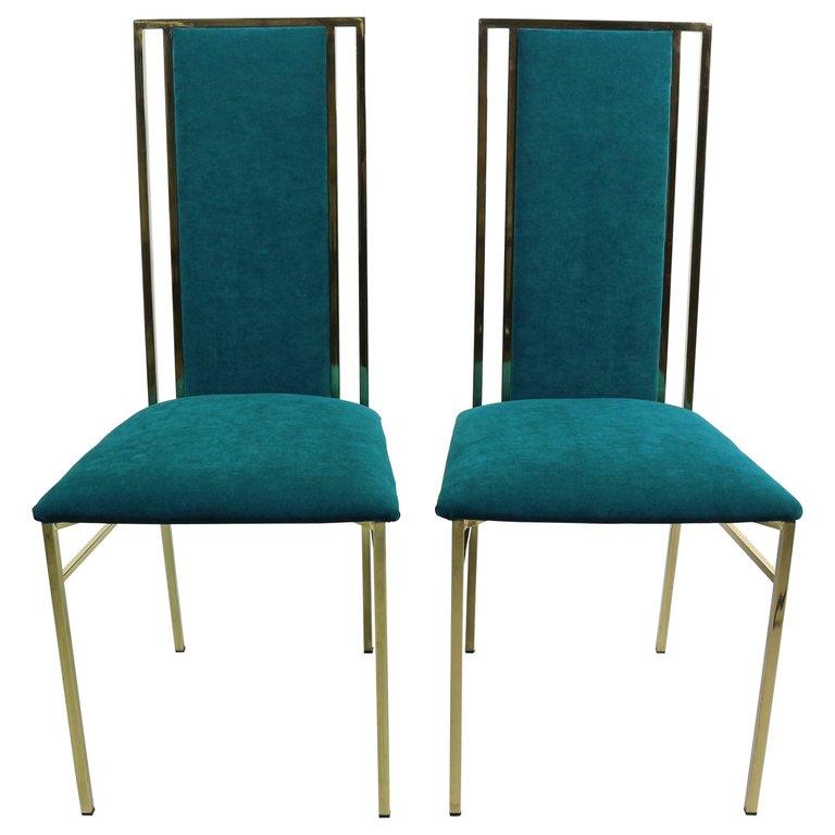 Brass and Velvet Dinning Chairs, Italy, 1970s
