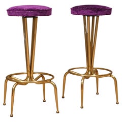 Brass and Velvet Round Violet Color Stools, 1970