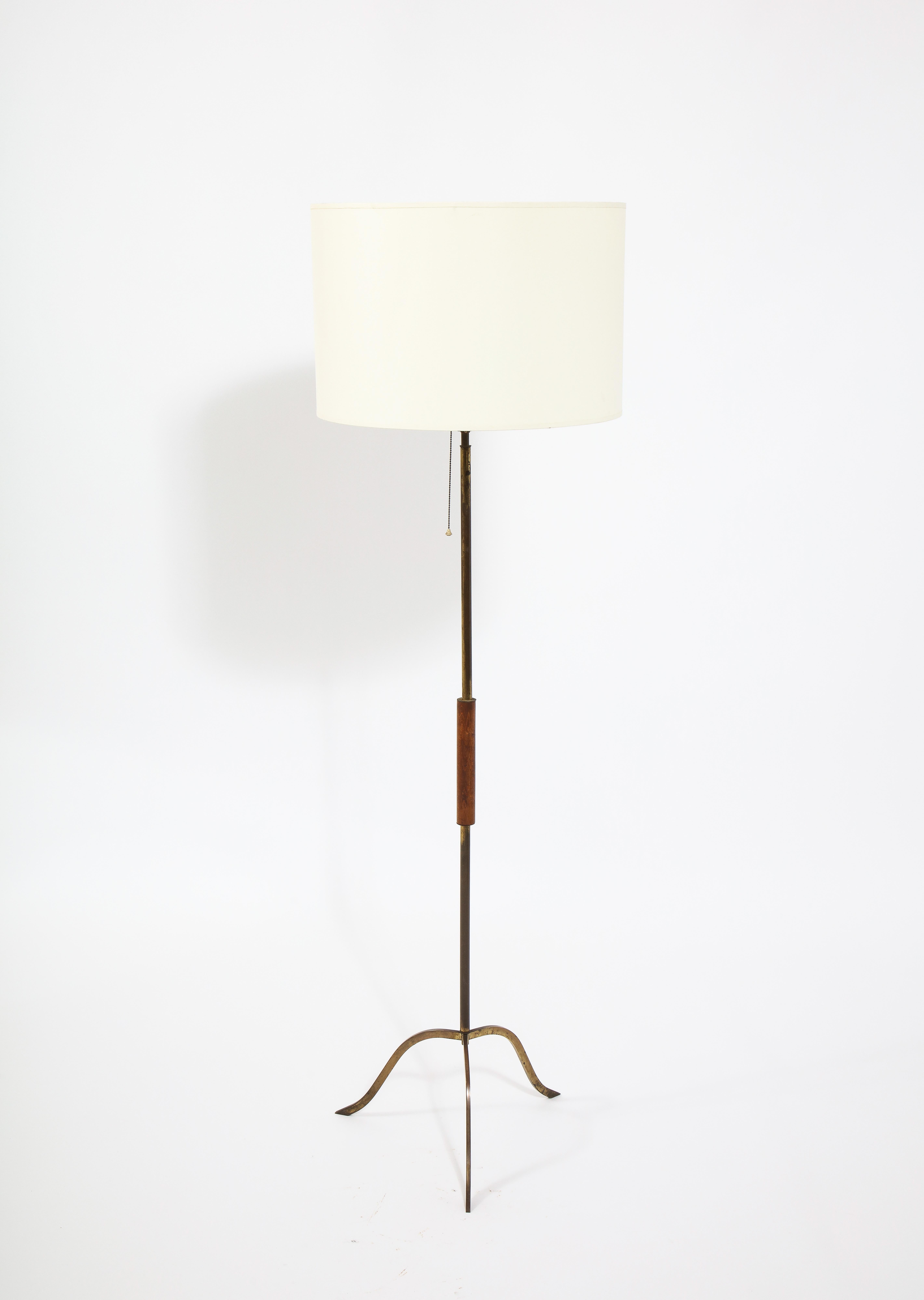 Mid-Century Modern Brass and Walnut Floor Lamp, France 1960's