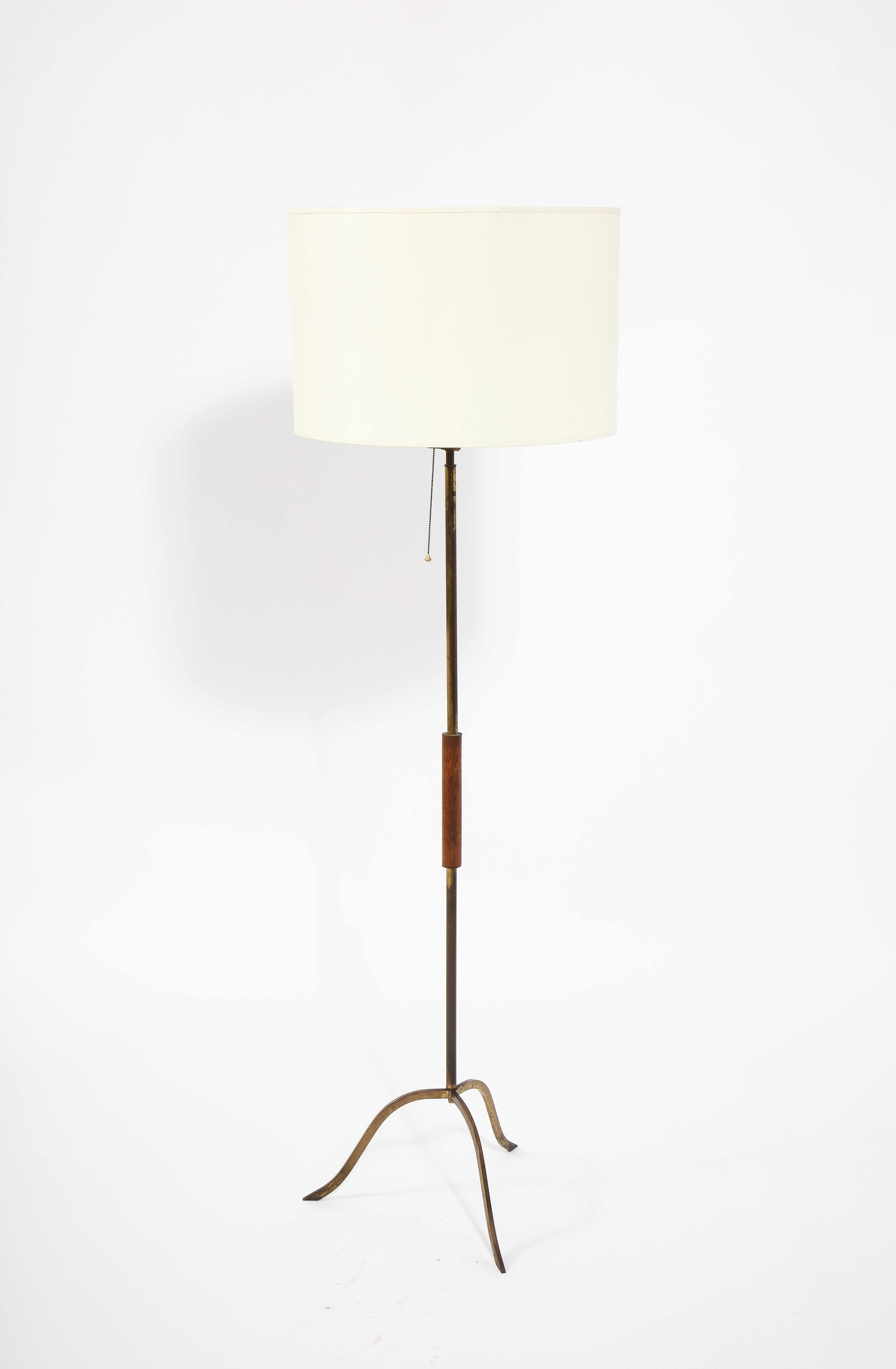 French Brass and Walnut Floor Lamp, France 1960's