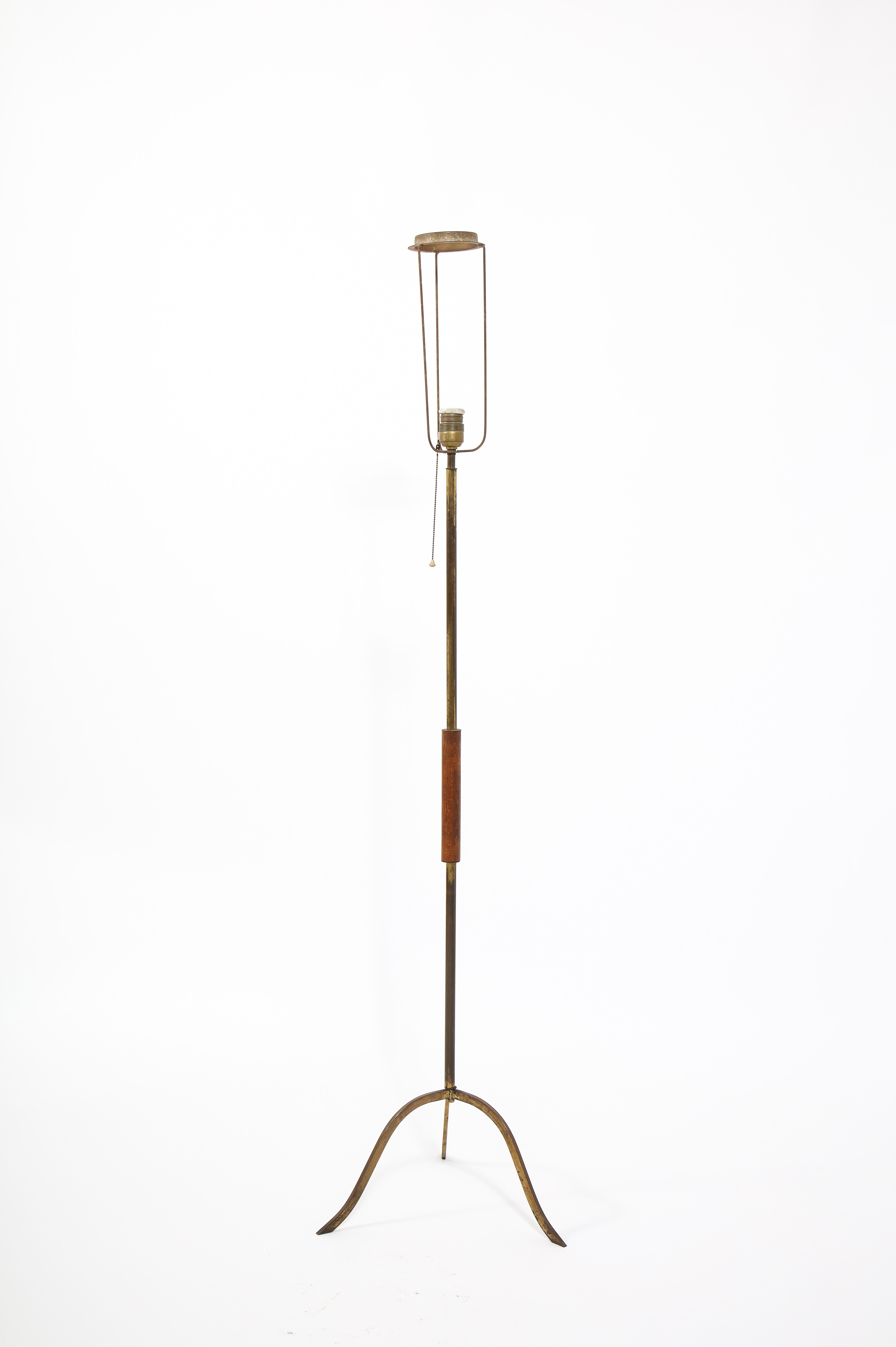 20th Century Brass and Walnut Floor Lamp, France 1960's