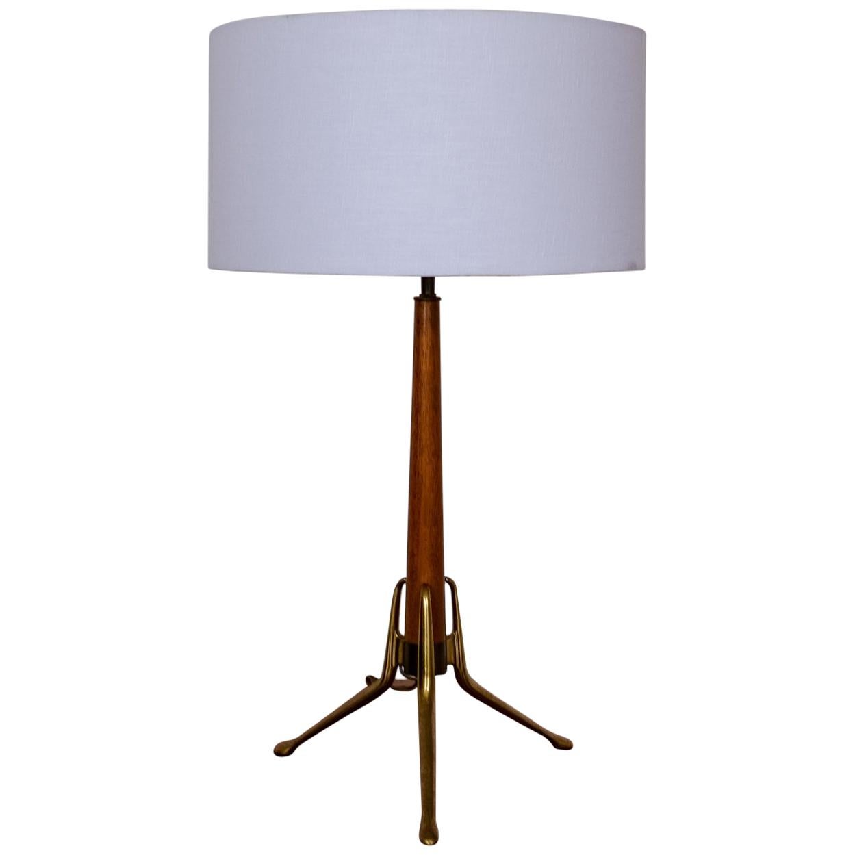 Brass and Walnut Tripod Table Lamp by Gerald Thurston for Lightolier, 1950s For Sale