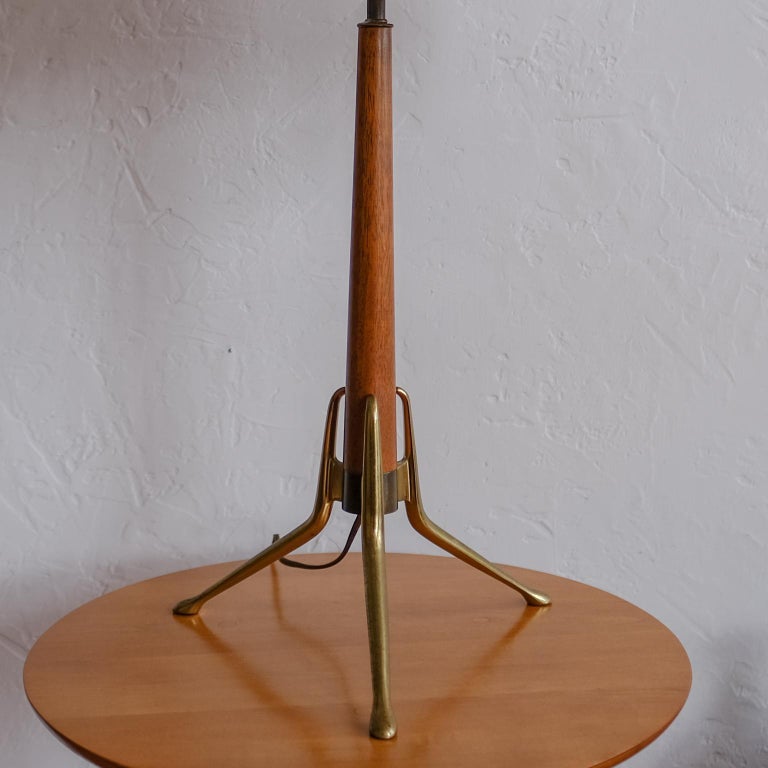 Brass and Walnut Tripod Table Lamp by Gerald Thurston for Lightolier at