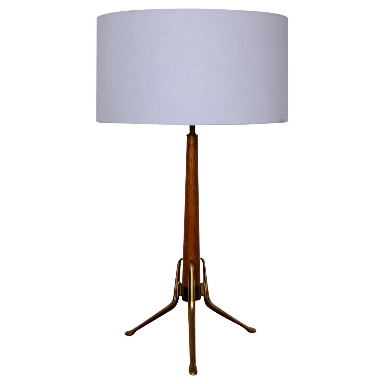 Brass and Walnut Tripod Table Lamp by Gerald Thurston for Lightolier