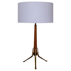 Brass and Walnut Tripod Table Lamp by Gerald Thurston for Lightolier