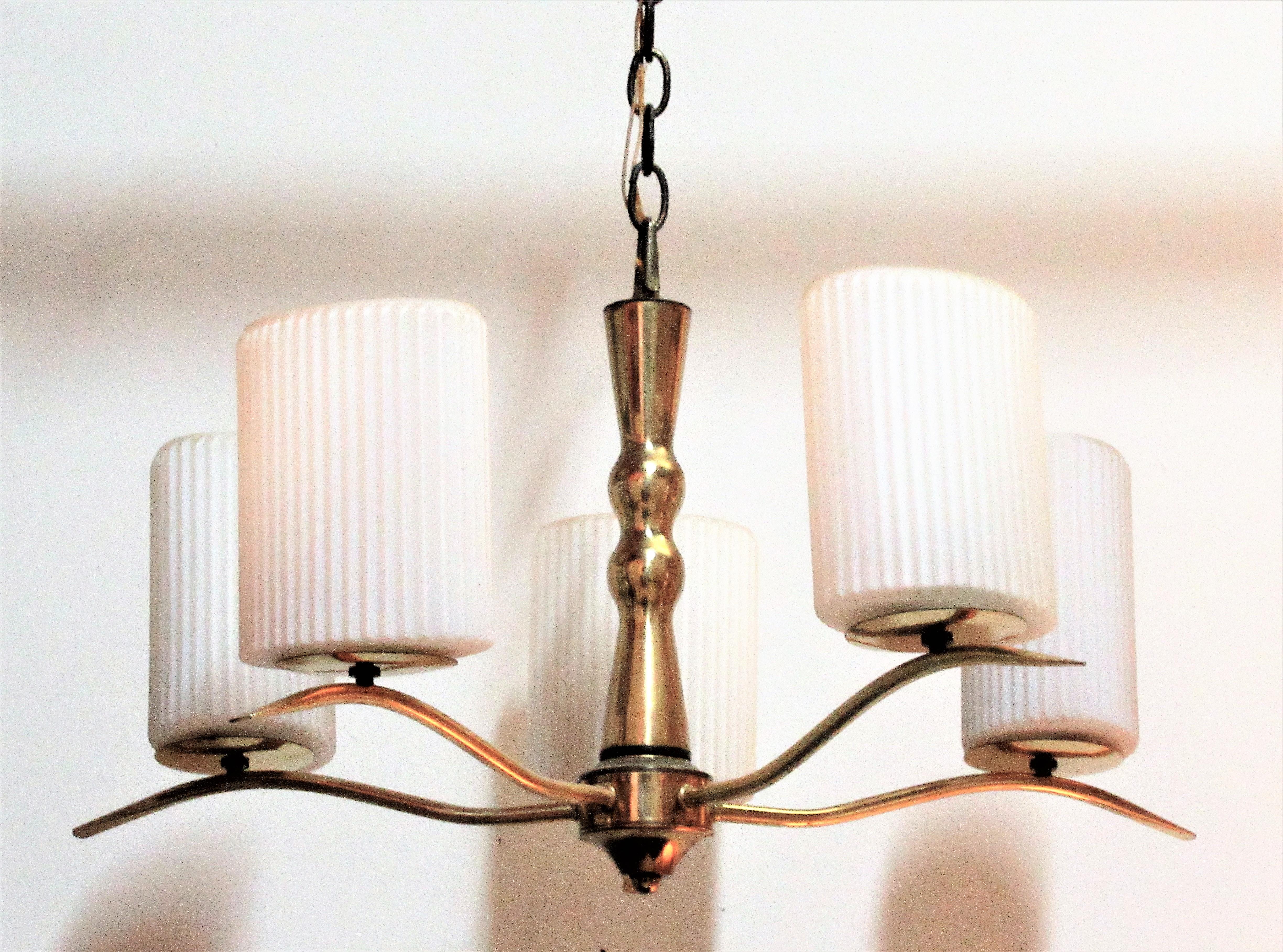 Unknown Brass and White Ribbed Glass Chandelier in the Style of Gio Ponti