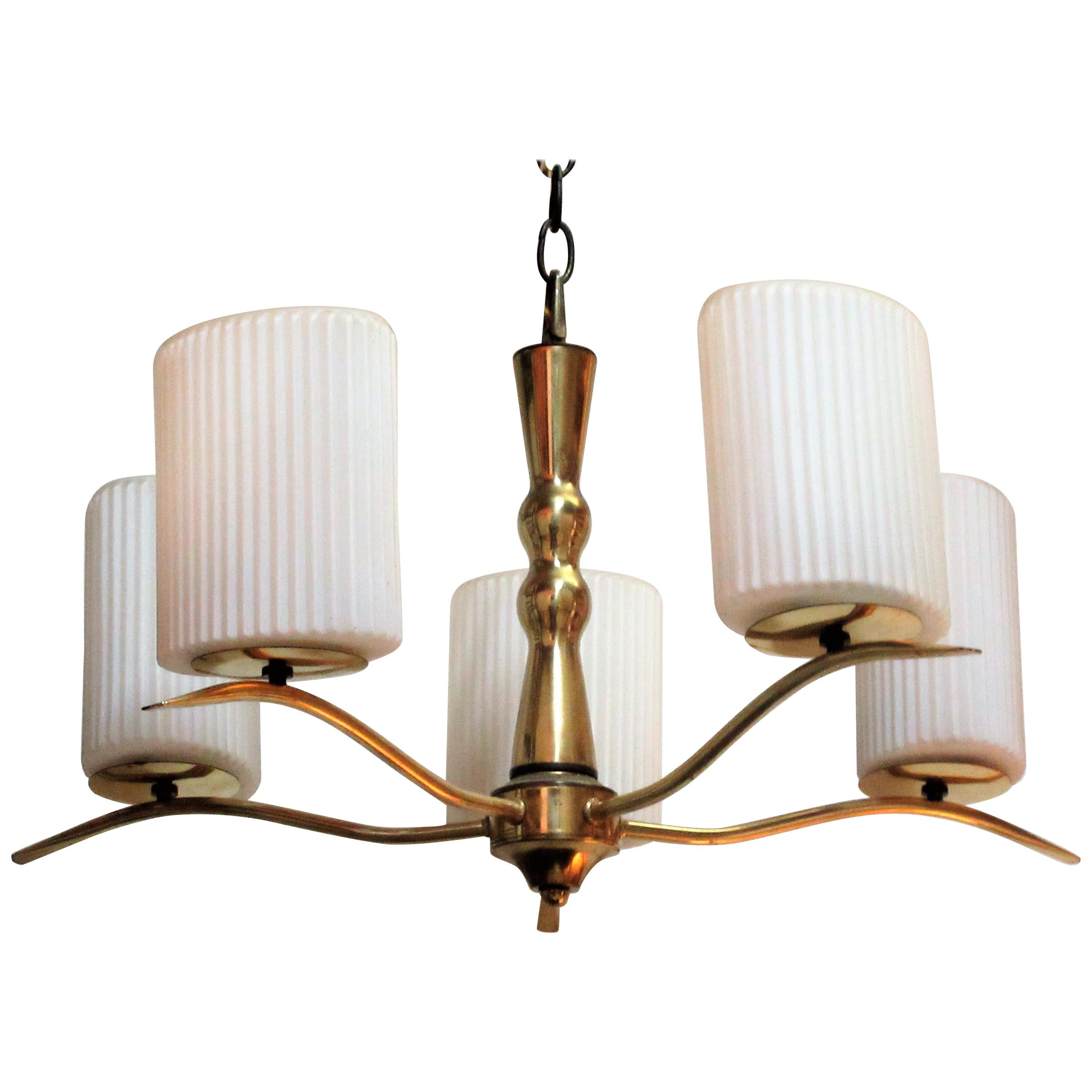 Brass and White Ribbed Glass Chandelier in the Style of Gio Ponti