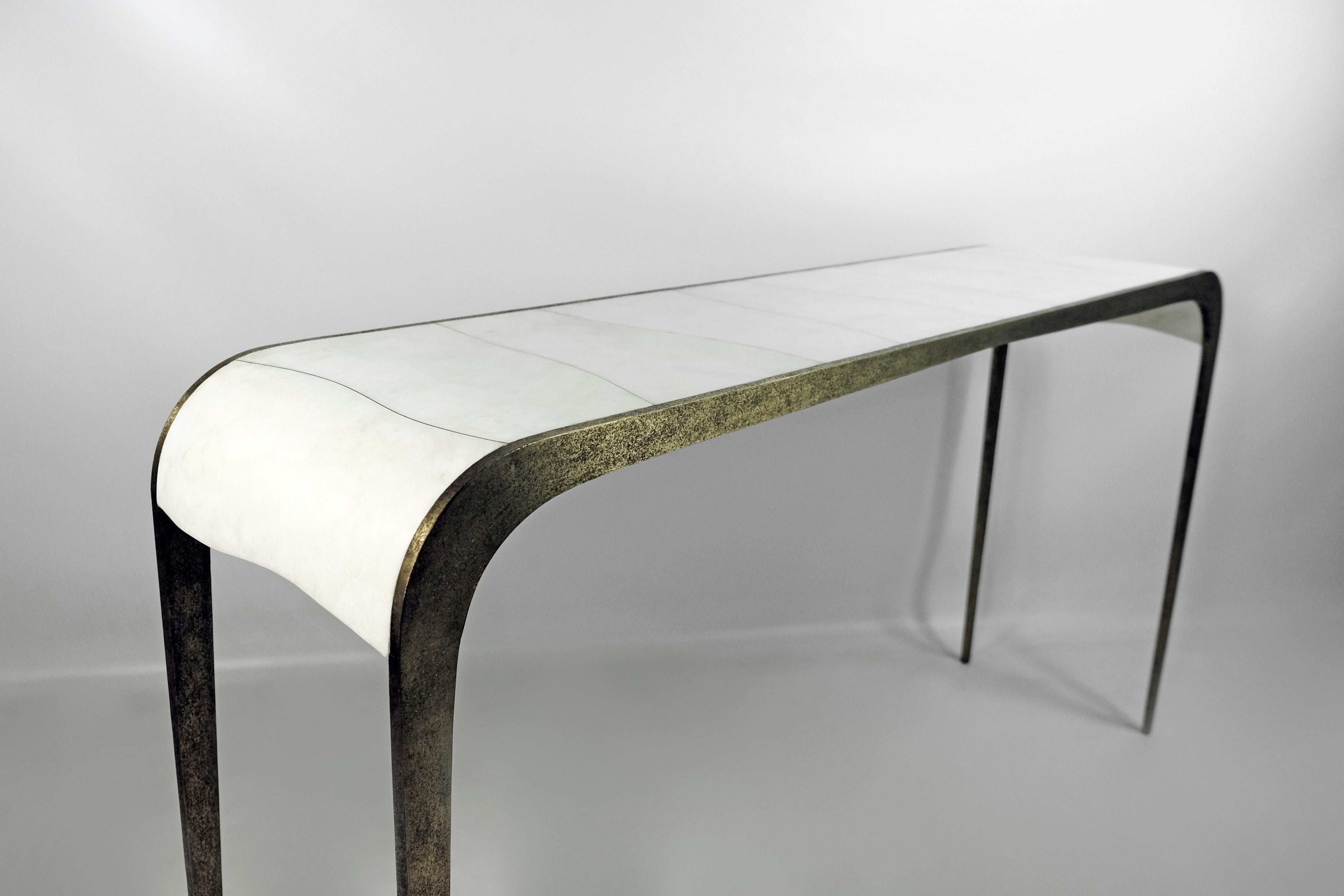 Art Deco Brass and White Rock Crystal Console with Waterfall Design by Ginger Brown For Sale