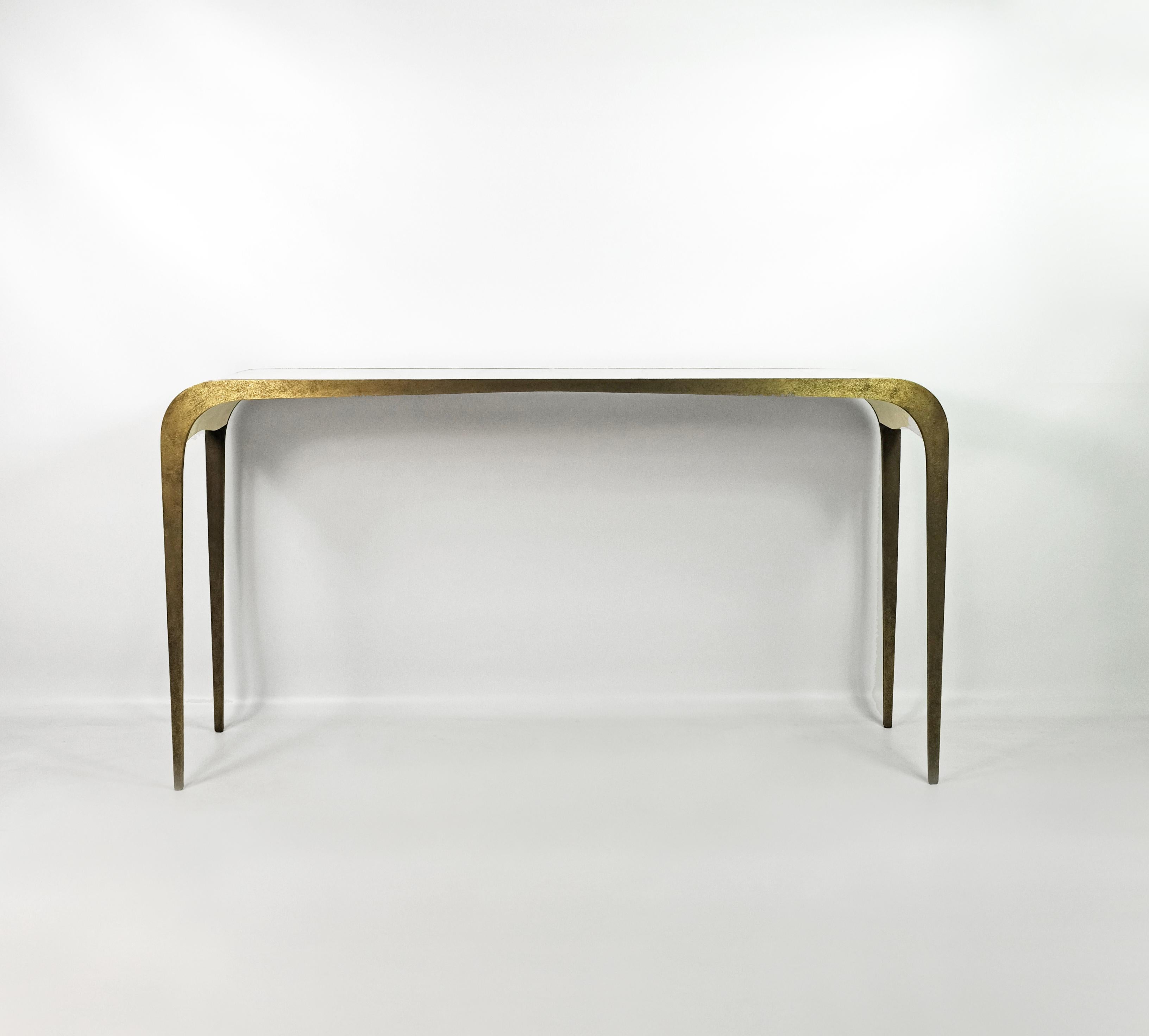 French Brass and White Rock Crystal Console with Waterfall Design by Ginger Brown For Sale
