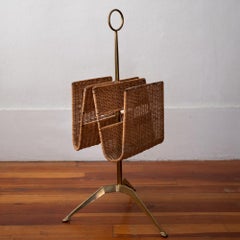 Brass and Wicker Tripod Magazine Rack, Italy