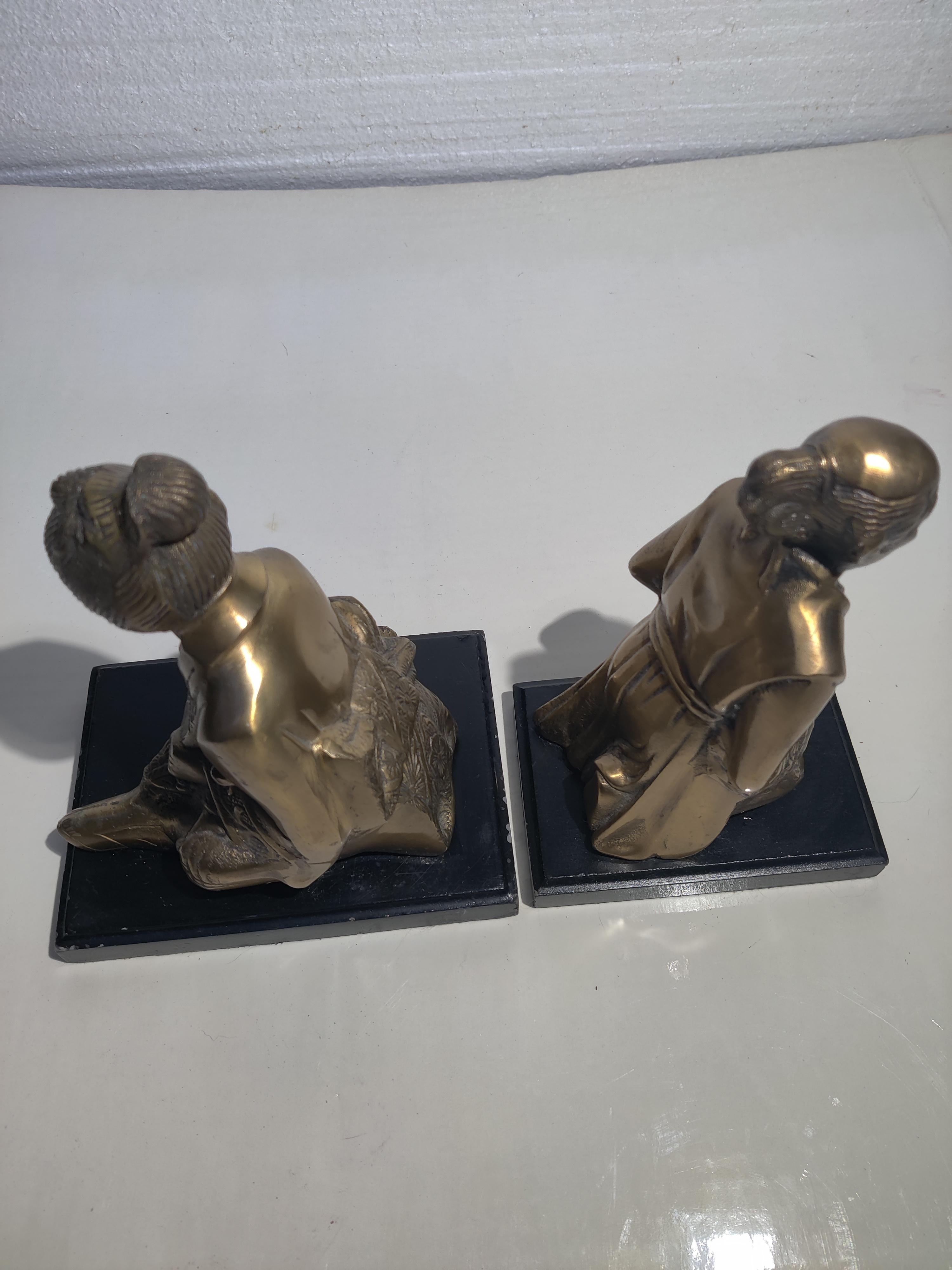 Brass and Wood Asian Bookends For Sale 3