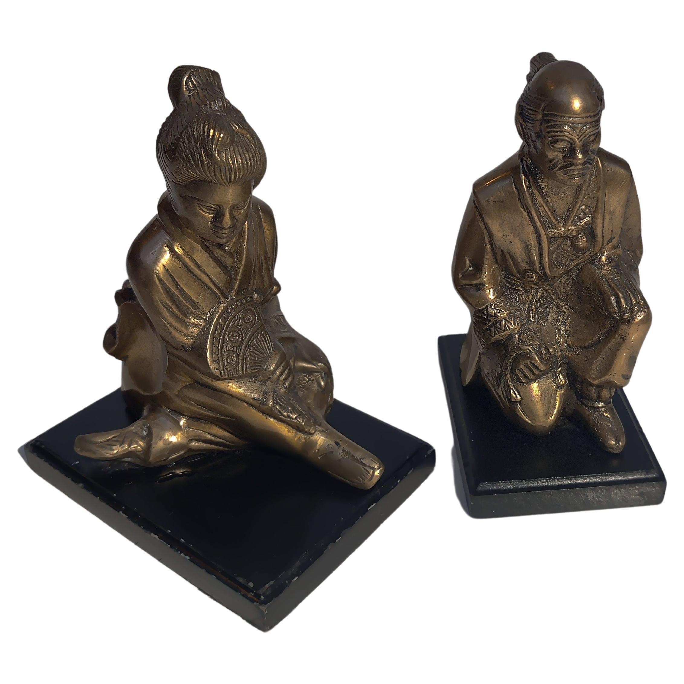 Brass and Wood Asian Bookends For Sale