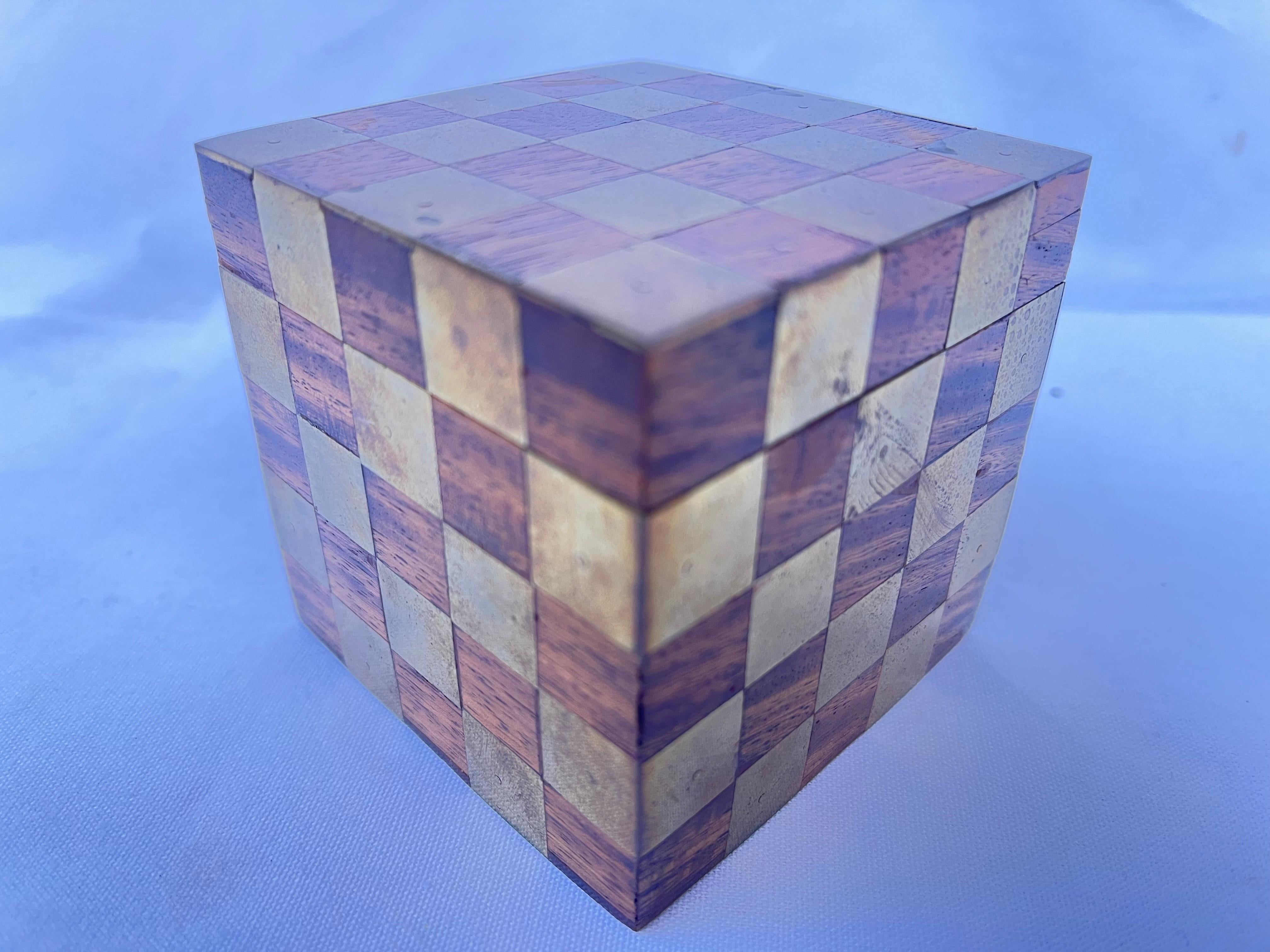 Brass and Wood Checkerboard Inlaid Lidded Cube Box Paperweight Desk Accessory 5