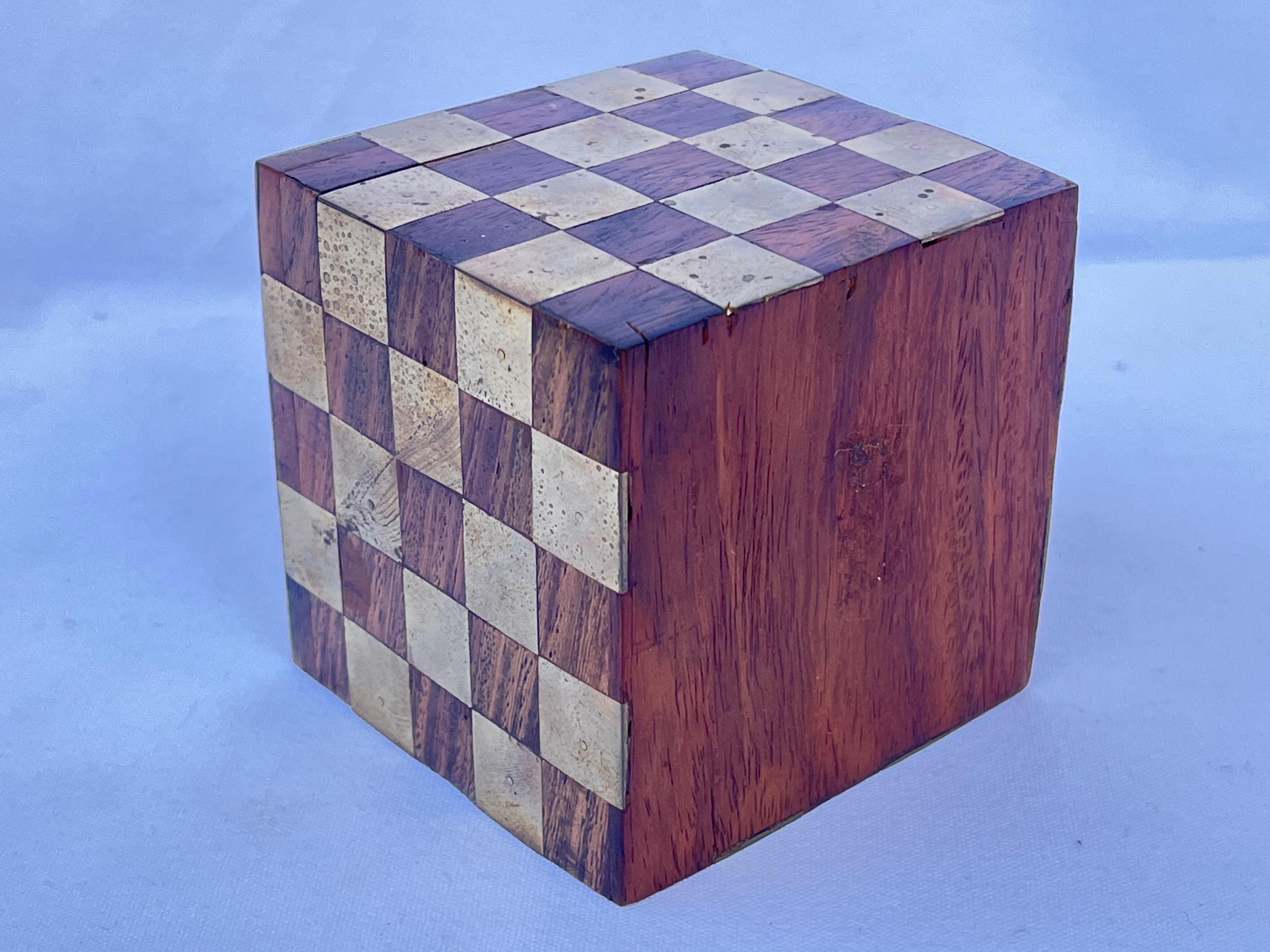 Mid-Century Modern Brass and Wood Checkerboard Inlaid Lidded Cube Box Paperweight Desk Accessory