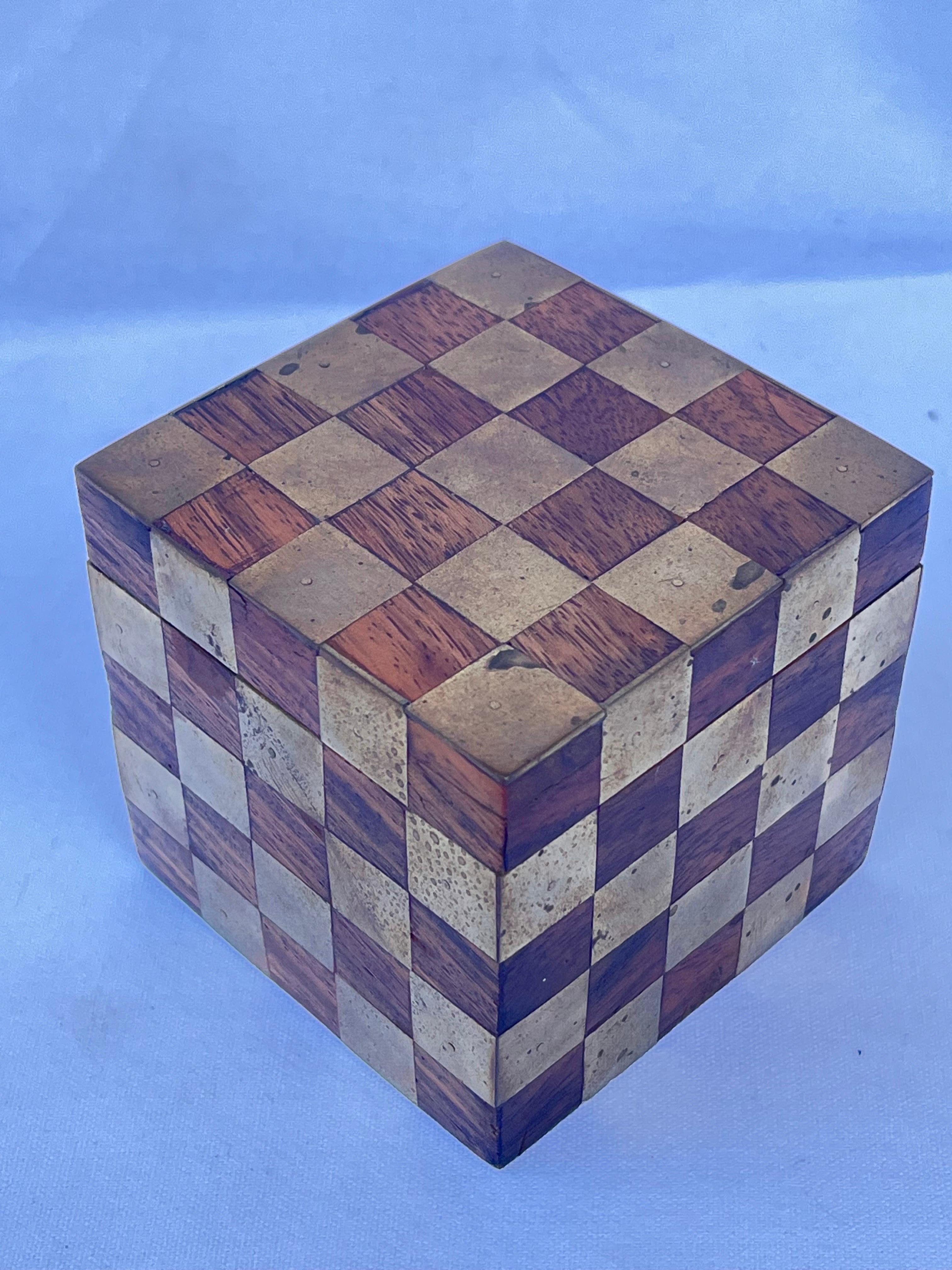 American Brass and Wood Checkerboard Inlaid Lidded Cube Box Paperweight Desk Accessory