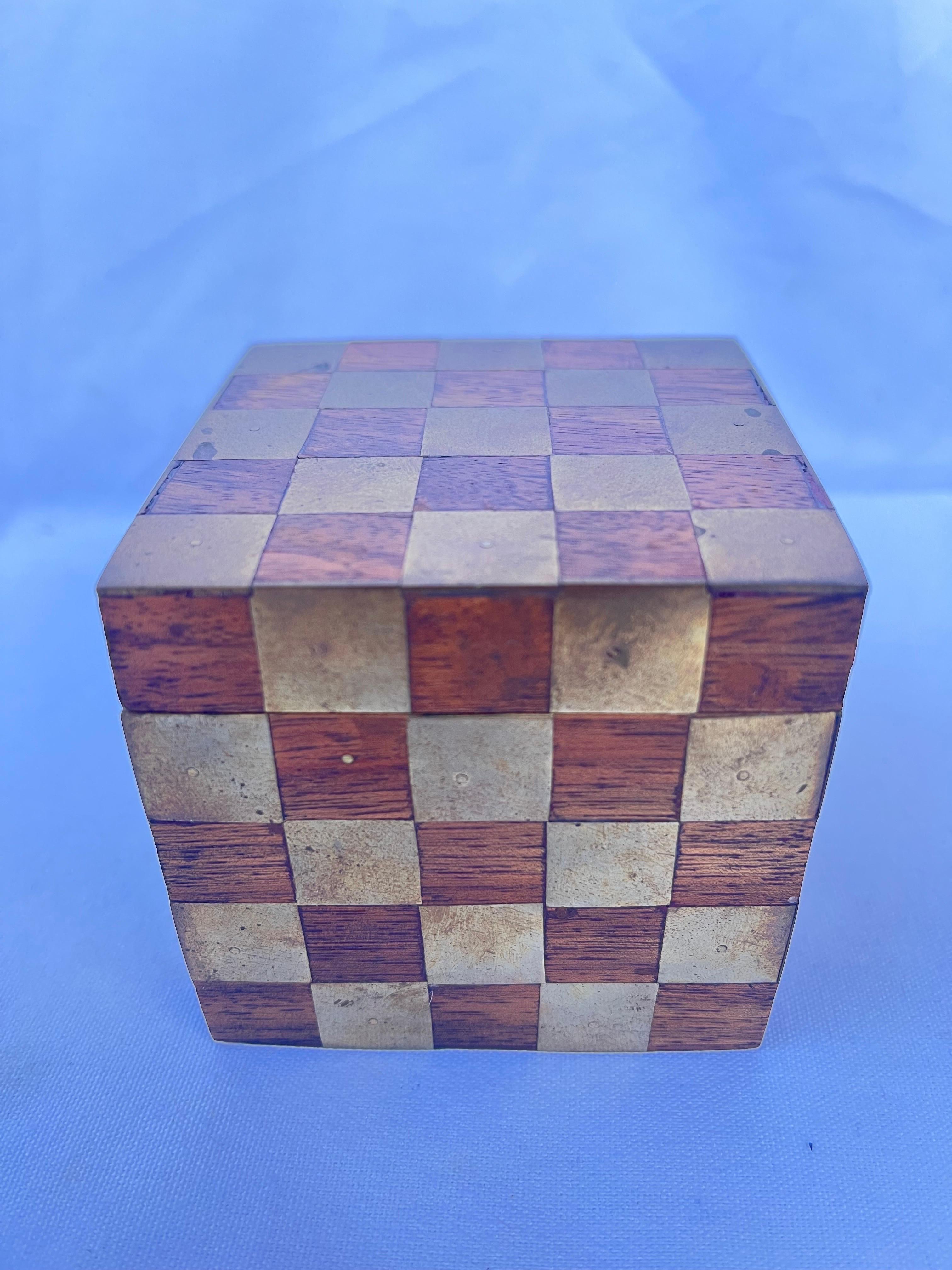 20th Century Brass and Wood Checkerboard Inlaid Lidded Cube Box Paperweight Desk Accessory