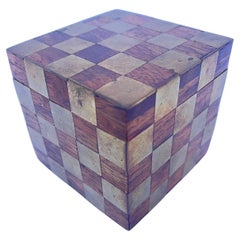 Brass and Wood Checkerboard Inlaid Lidded Cube Box Paperweight Desk Accessory