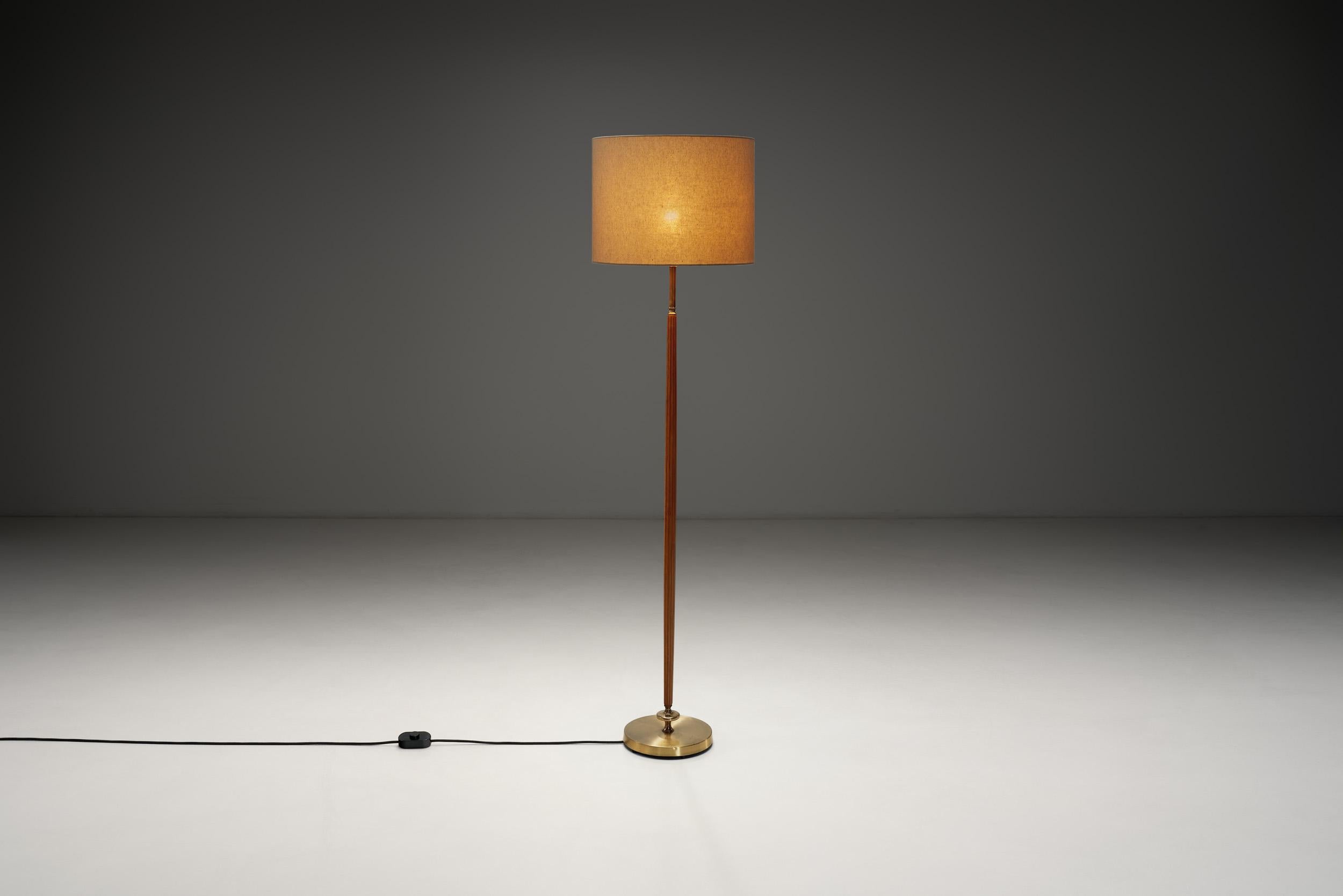 Swedish Brass and Wood Floor Lamp by Falkenbergs Belysning, Sweden Mid-20th Century