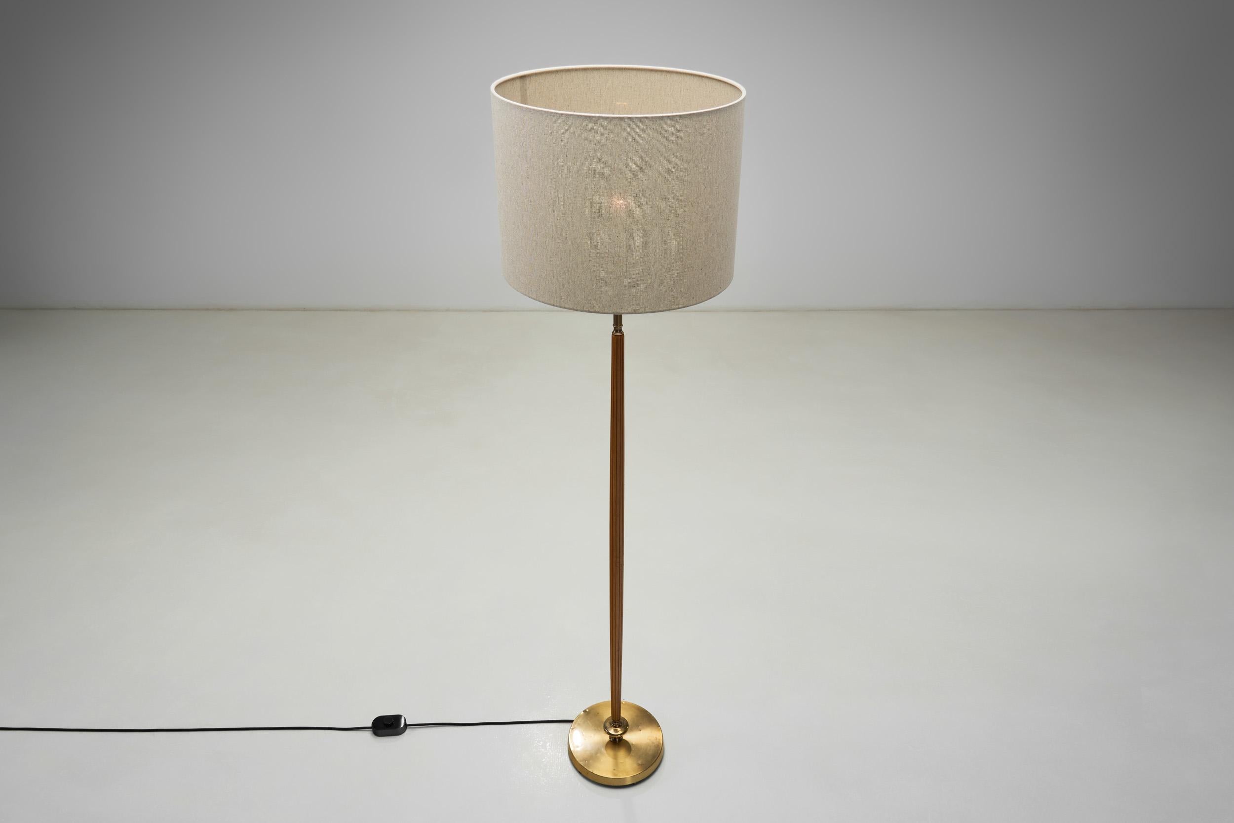 Brass and Wood Floor Lamp by Falkenbergs Belysning, Sweden Mid-20th Century 1