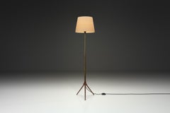Brass and Wood Floor Lamp with Tripod Base by Lyfa, Denmark ca 1960s