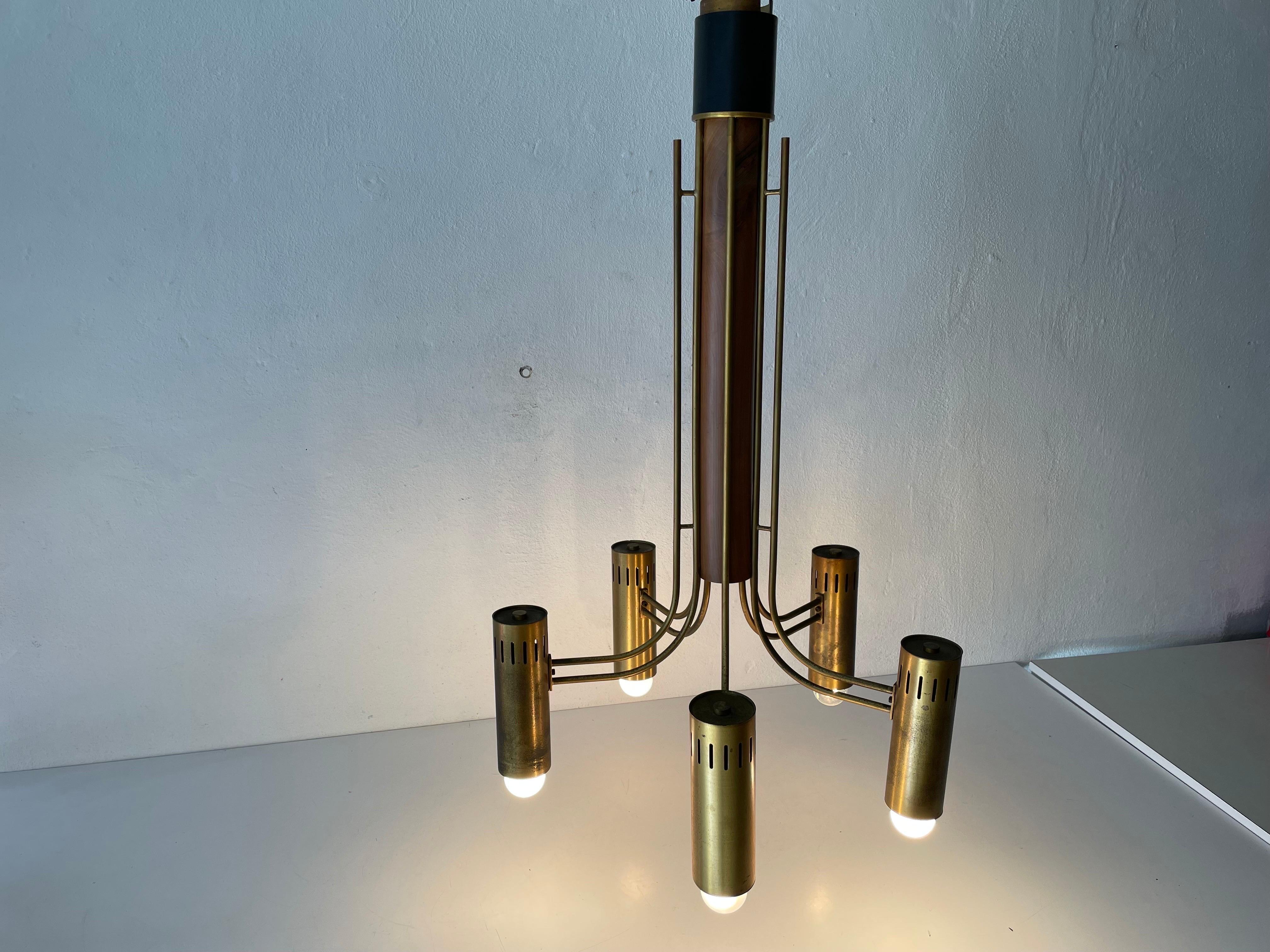 Brass and Wood Flush Mount Chandelier Angelo Brotto for Esperia, 1970s, Italy  For Sale 4