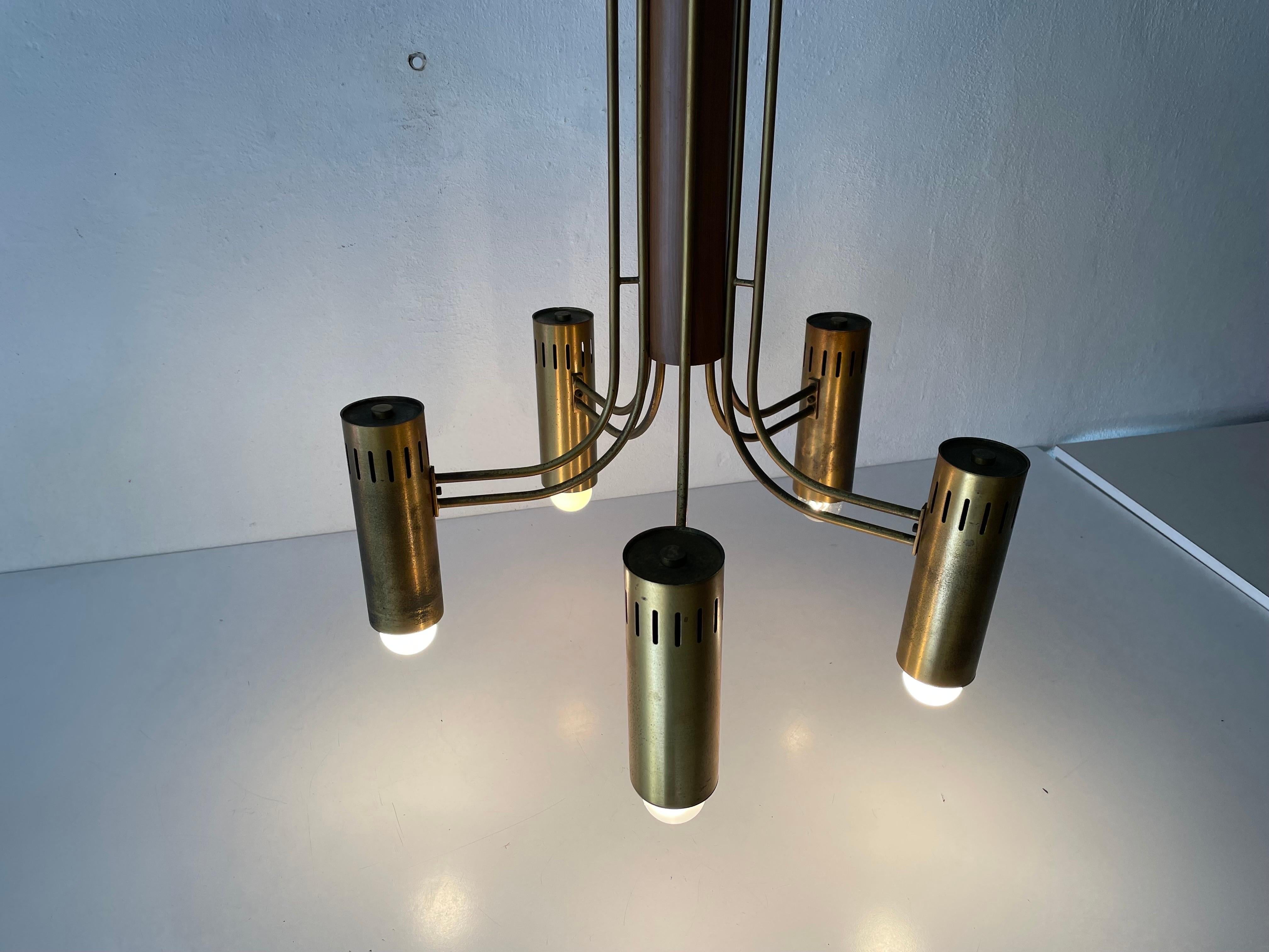 Brass and Wood Flush Mount Chandelier Angelo Brotto for Esperia, 1970s, Italy  For Sale 5