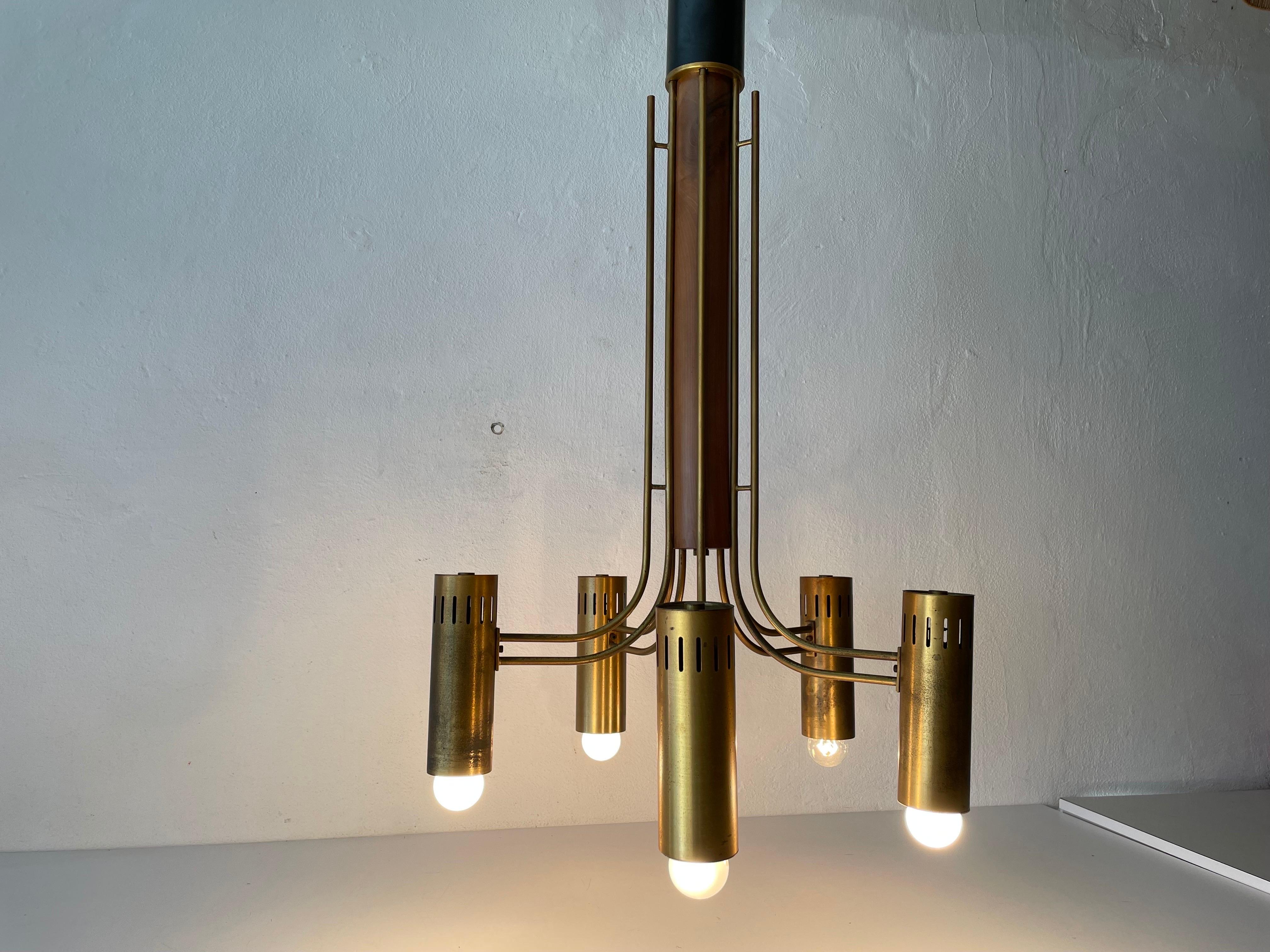 Brass and Wood Flush Mount Chandelier Angelo Brotto for Esperia, 1970s, Italy  For Sale 7