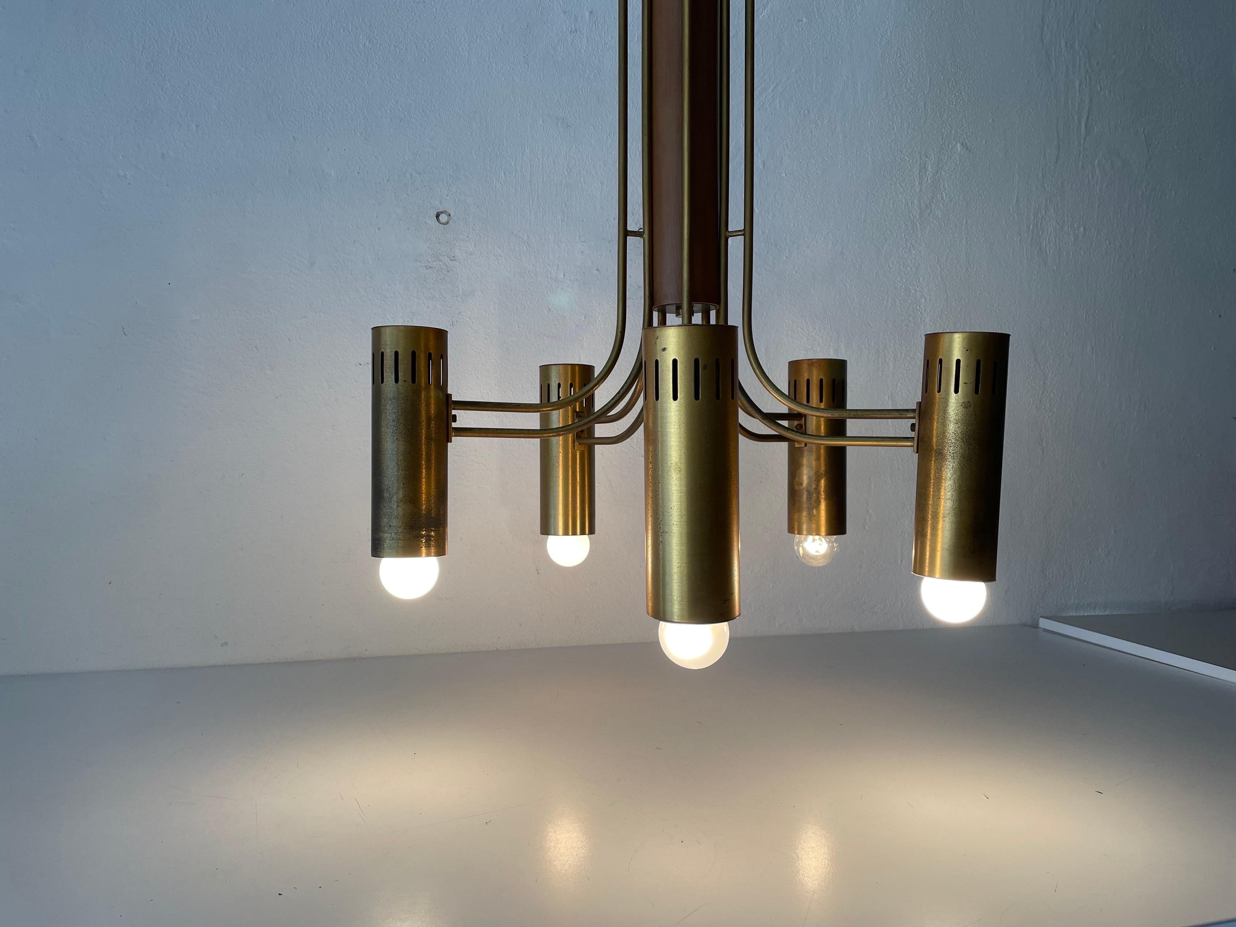 Brass and Wood Flush Mount Chandelier Angelo Brotto for Esperia, 1970s, Italy  For Sale 10