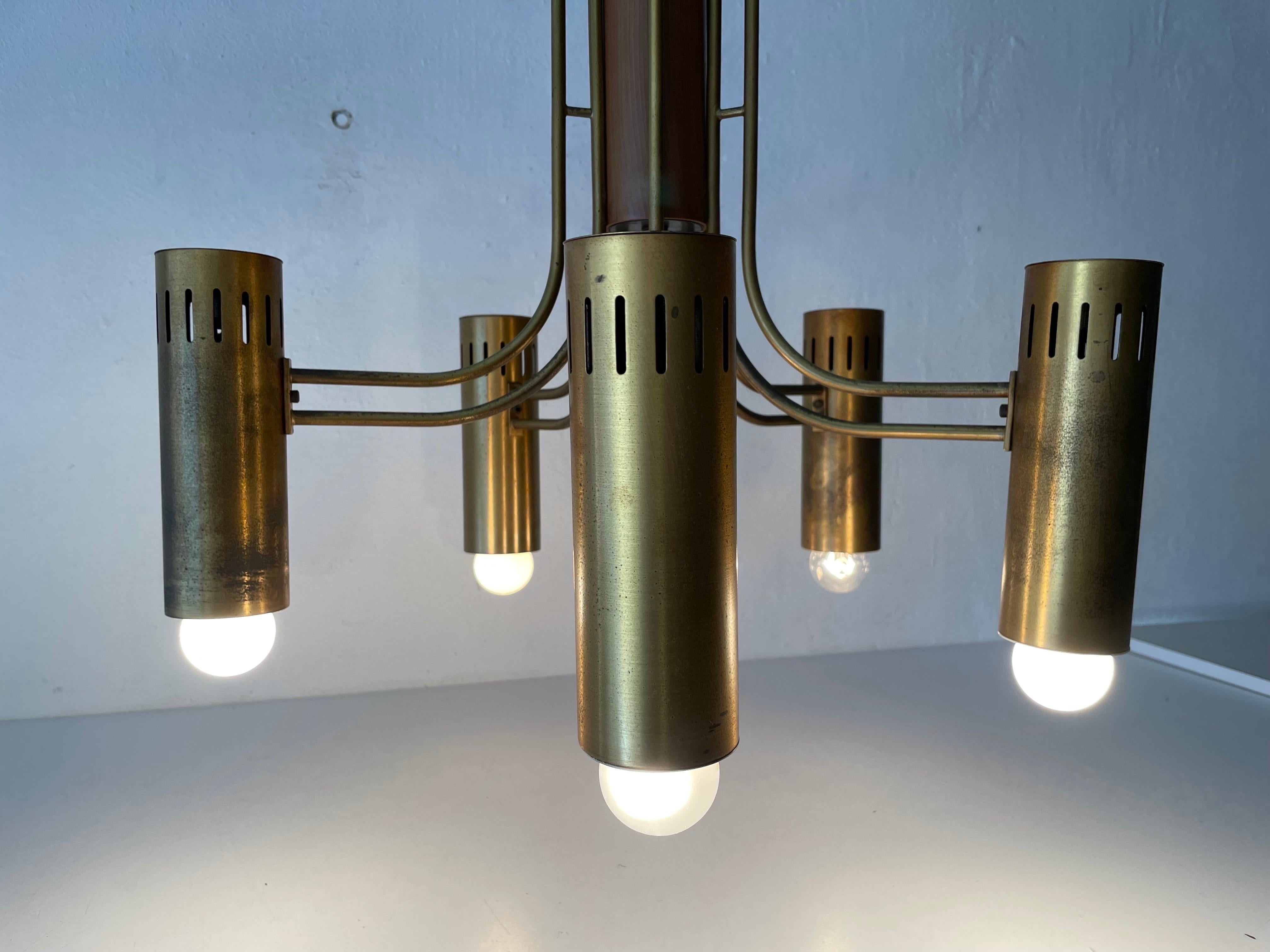 Brass and Wood Flush Mount Chandelier Angelo Brotto for Esperia, 1970s, Italy  For Sale 11