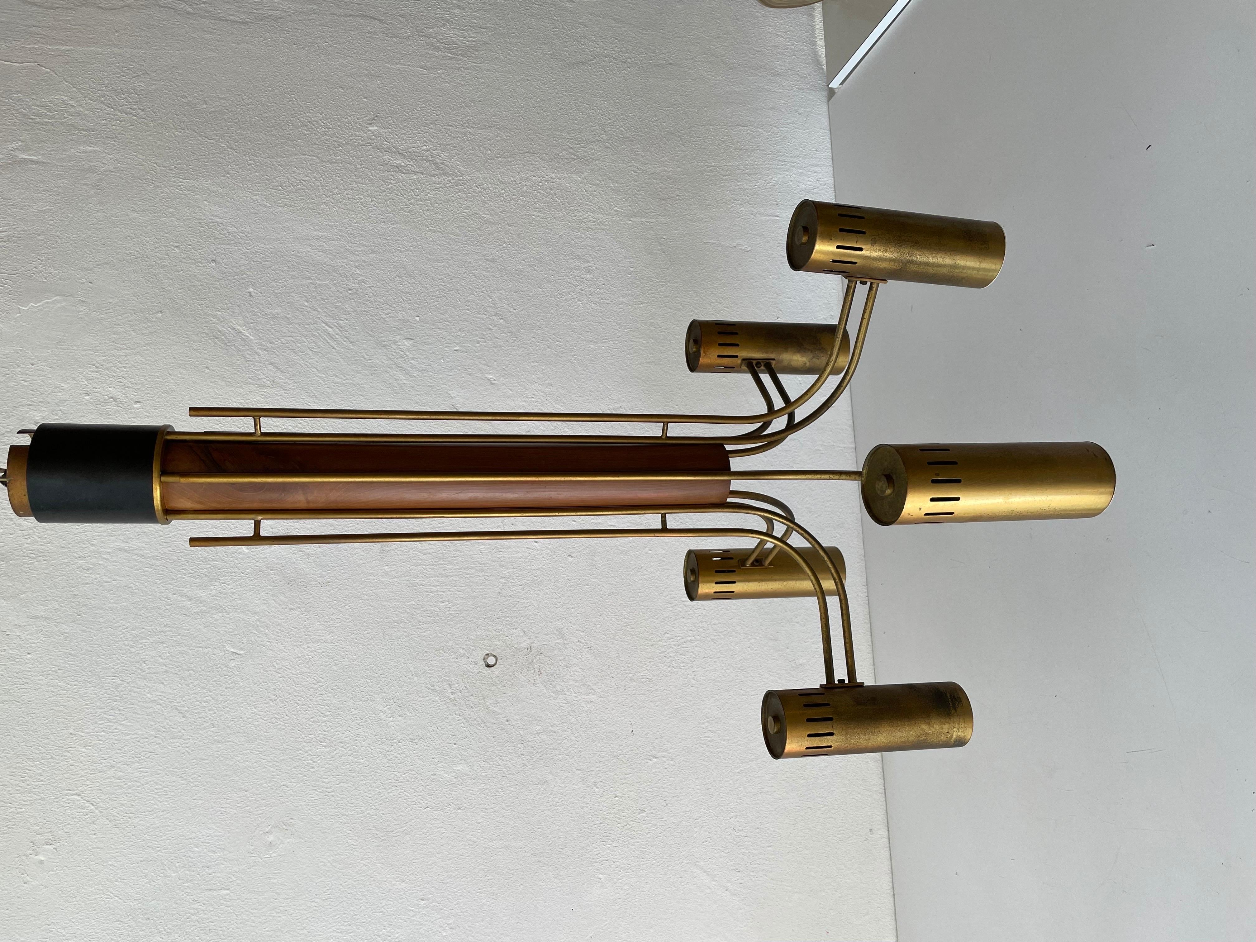 Exclusive 5-armed brass and wood flush mount chandelier Angelo Brotto for Esperia, 1970s, Italy

Lampshade is in very good vintage condition.
Original canopy.
Retains original manufacturers label. 

This lamp works with E27 light bulb. Max