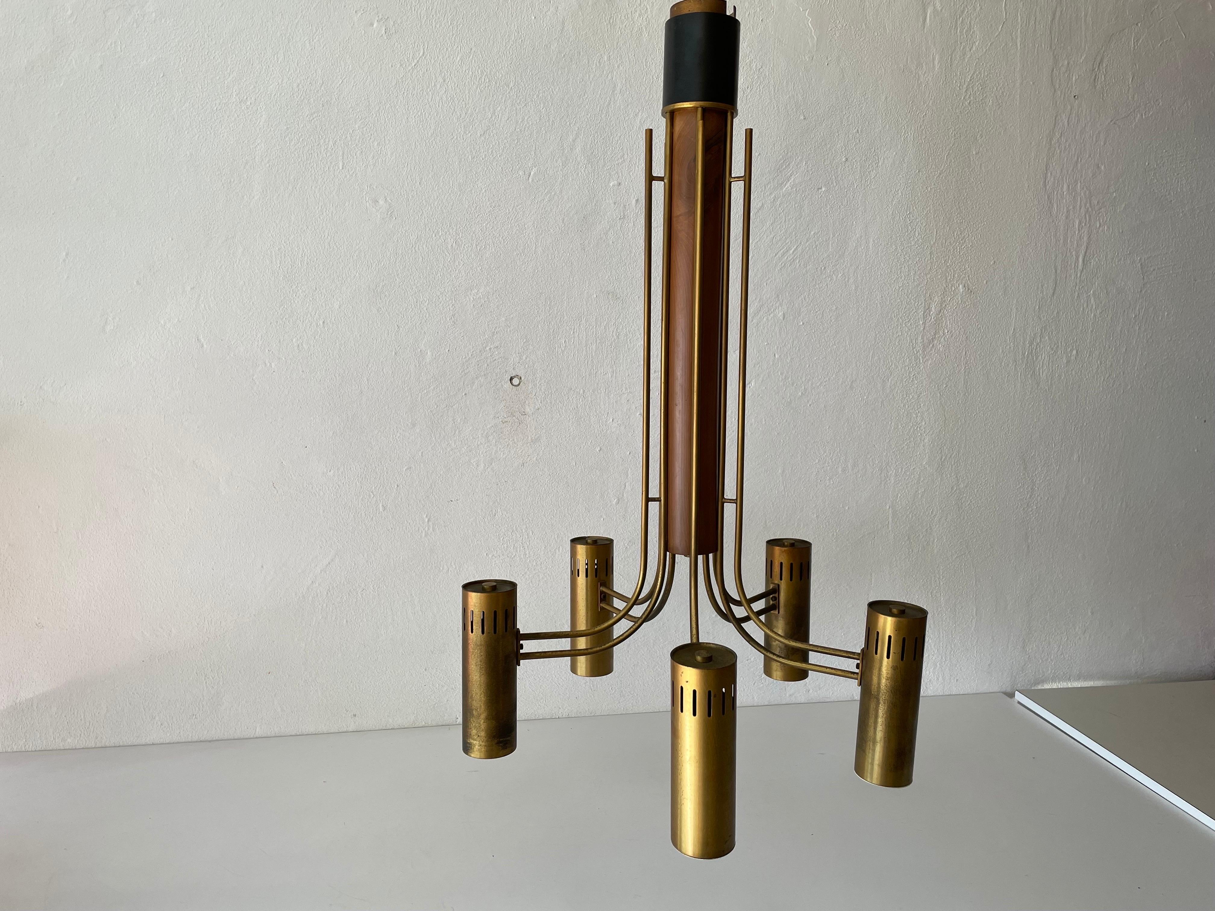 Mid-Century moderno Lampadario ad incasso in ottone e Wood Angelo Brotto per Esperia, anni '70, Italia in vendita