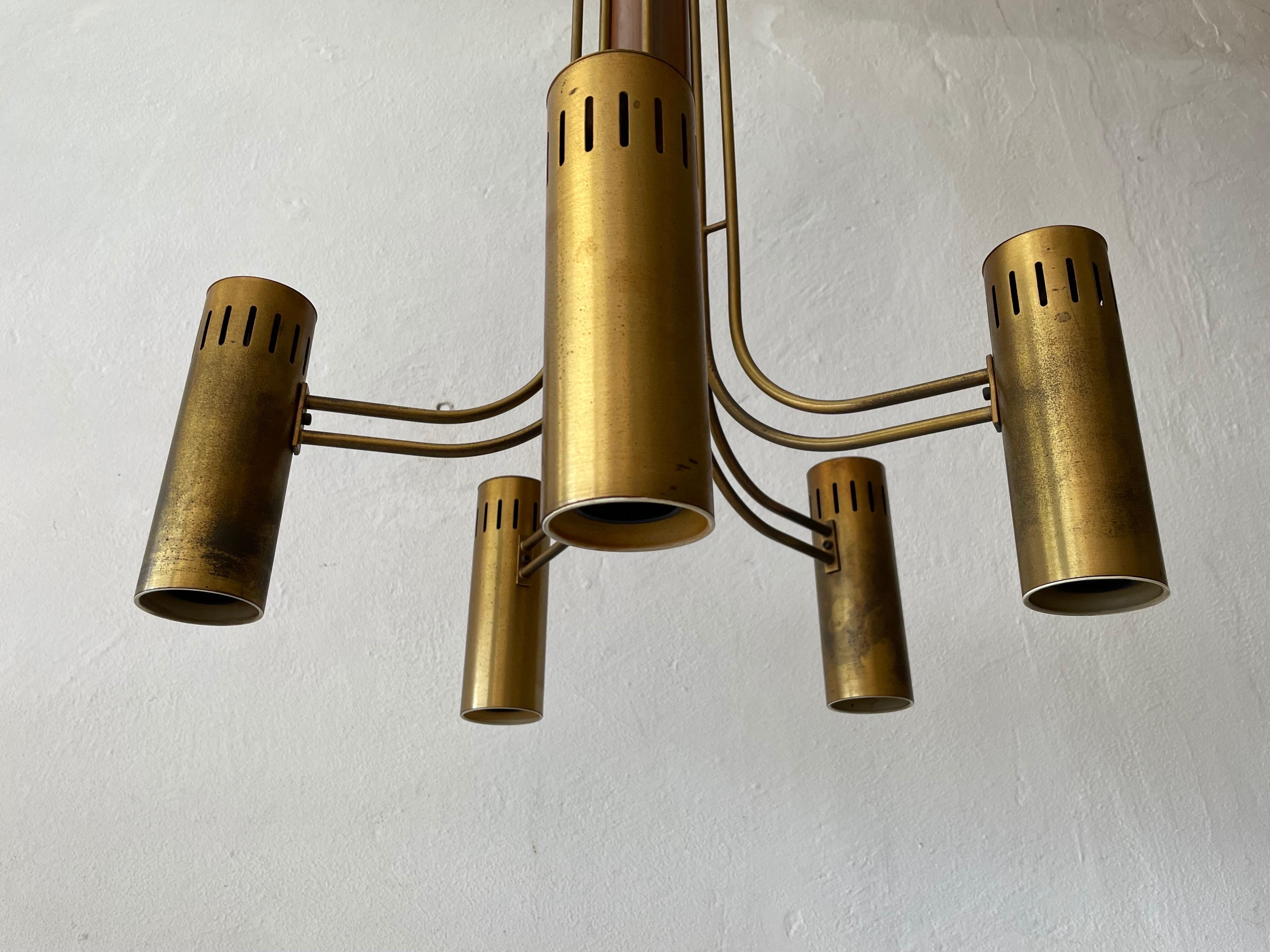 Italian Brass and Wood Flush Mount Chandelier Angelo Brotto for Esperia, 1970s, Italy  For Sale