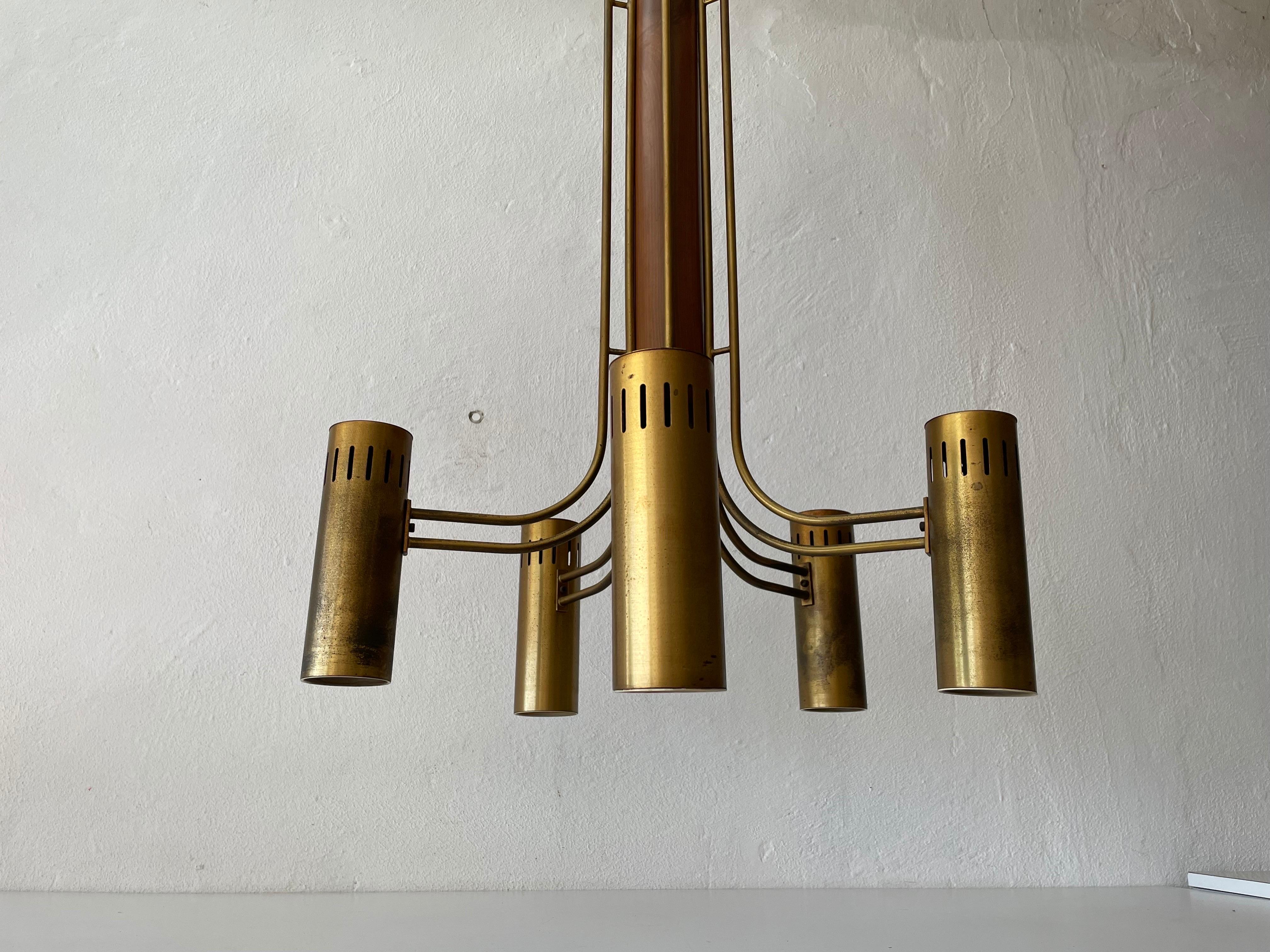 Brass and Wood Flush Mount Chandelier Angelo Brotto for Esperia, 1970s, Italy  In Good Condition For Sale In Hagenbach, DE