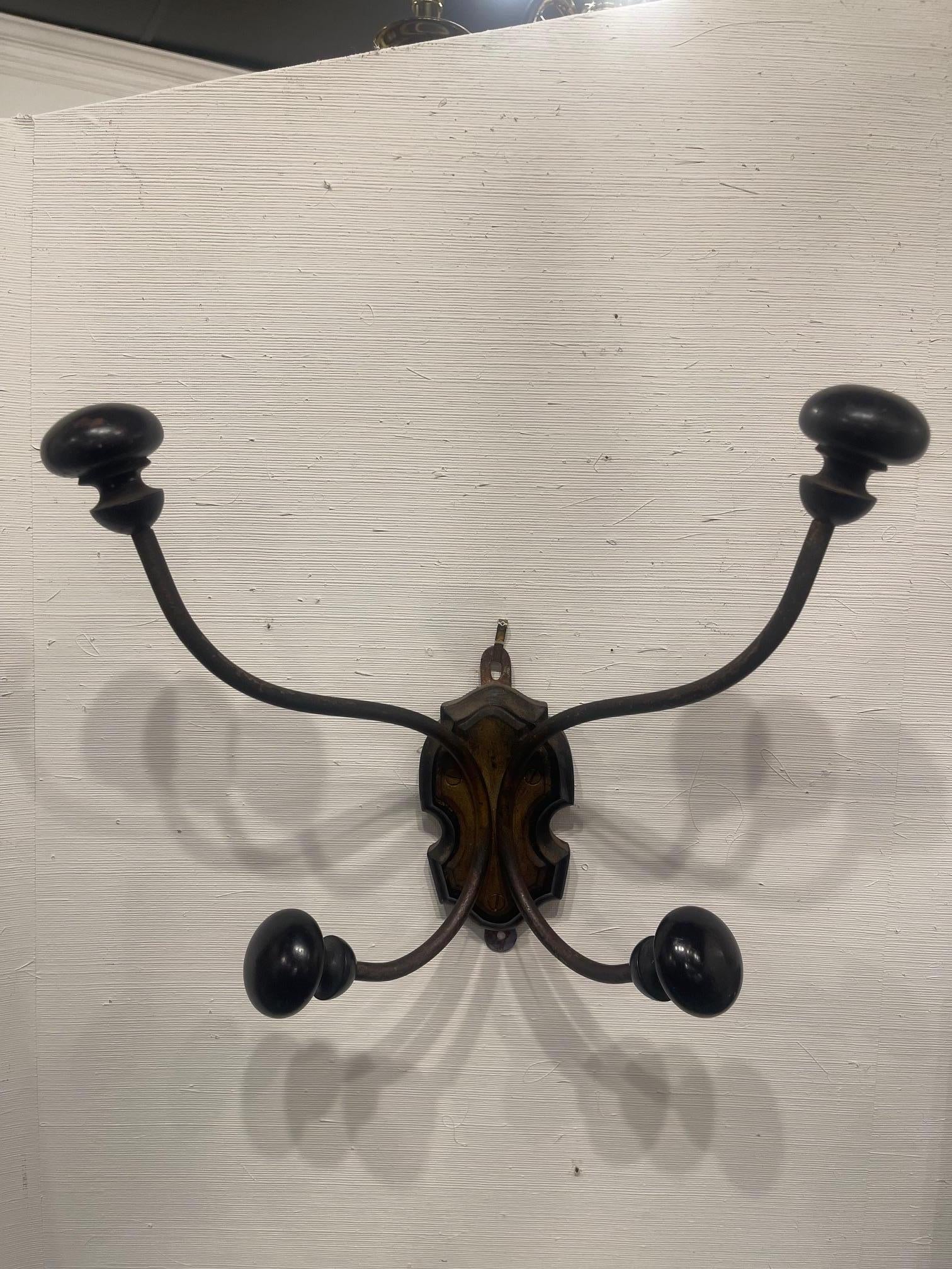 French Brass and Wood Knobs Coat and Hat Wall Hook, 19th Century For Sale