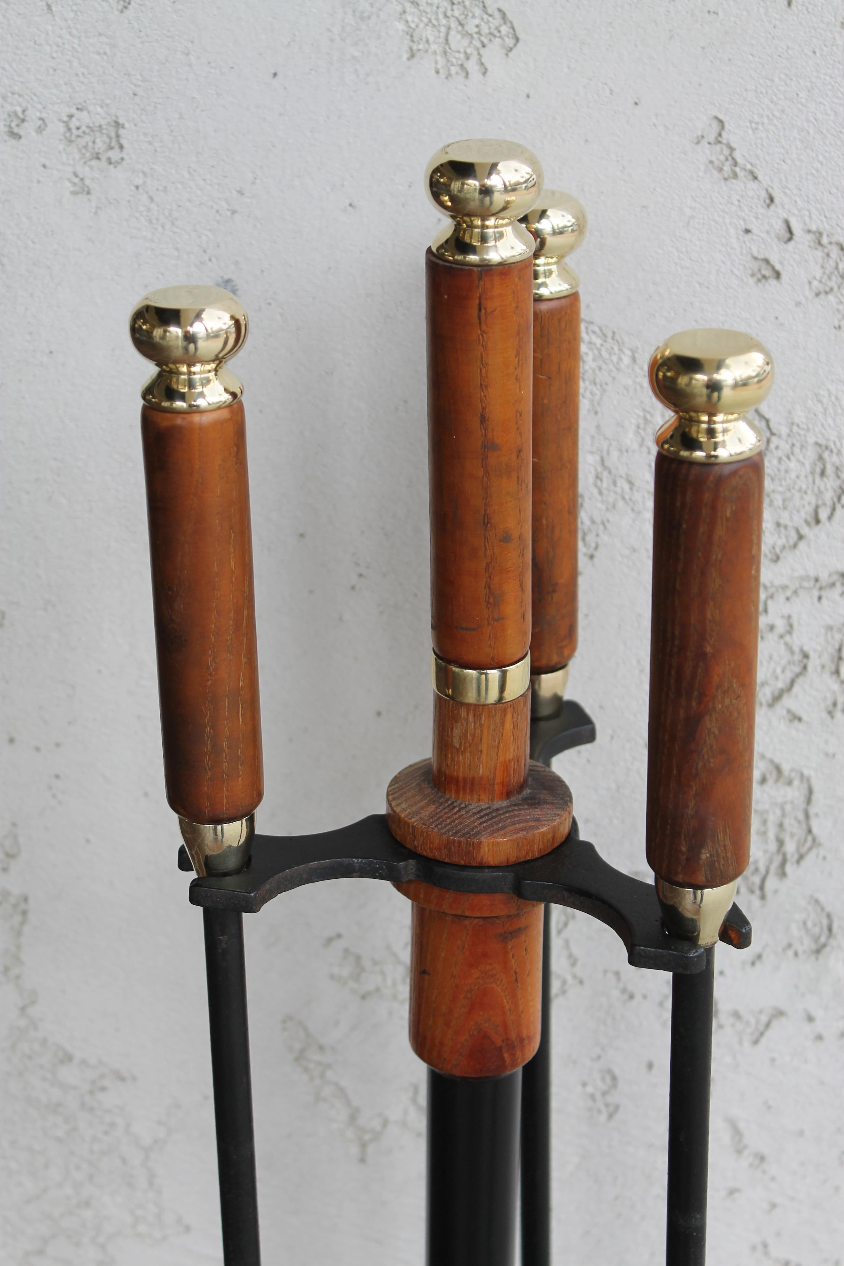 Mid-Century Modern Brass and Wood Midcentury Fireplace Firetools