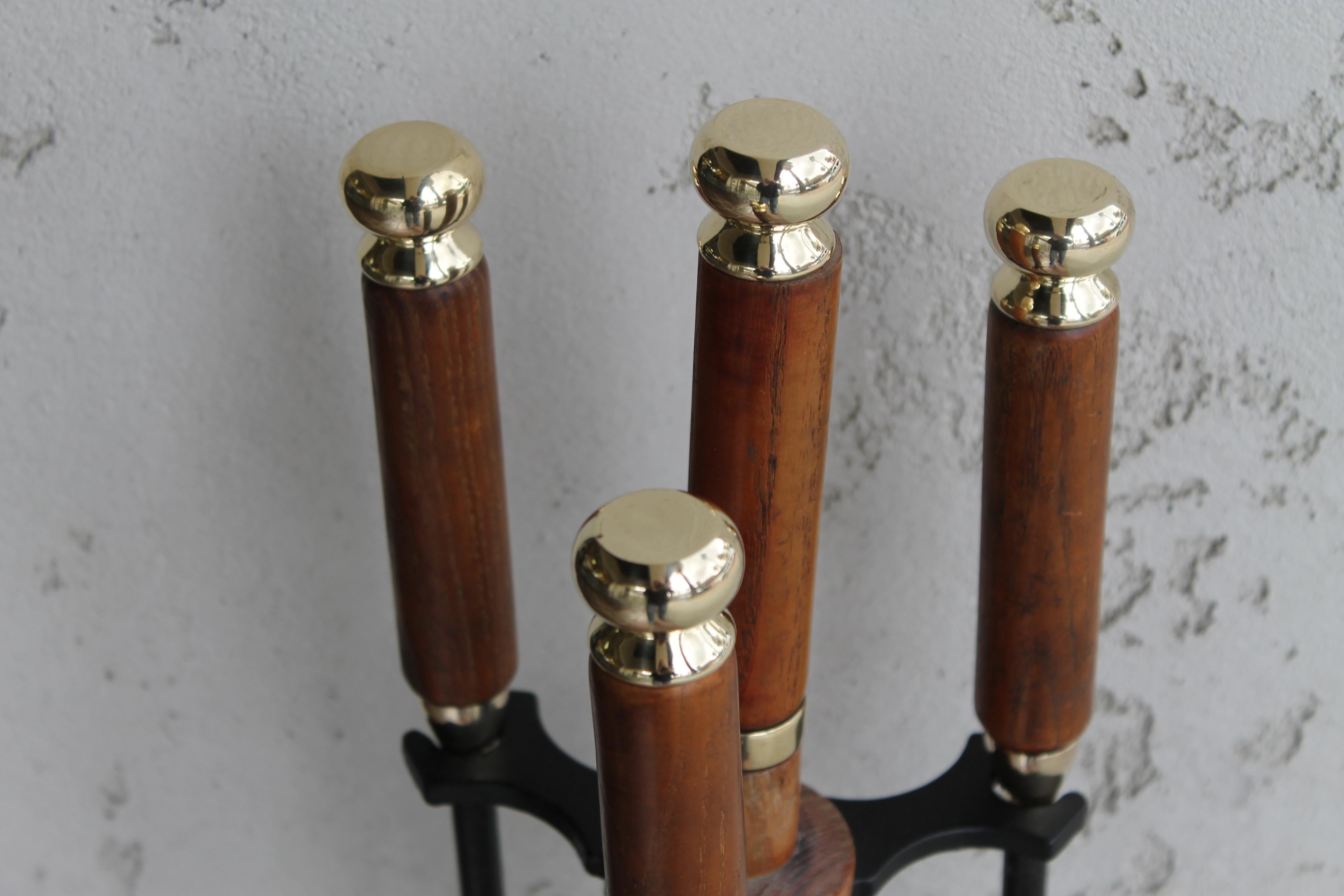 American Brass and Wood Midcentury Fireplace Firetools