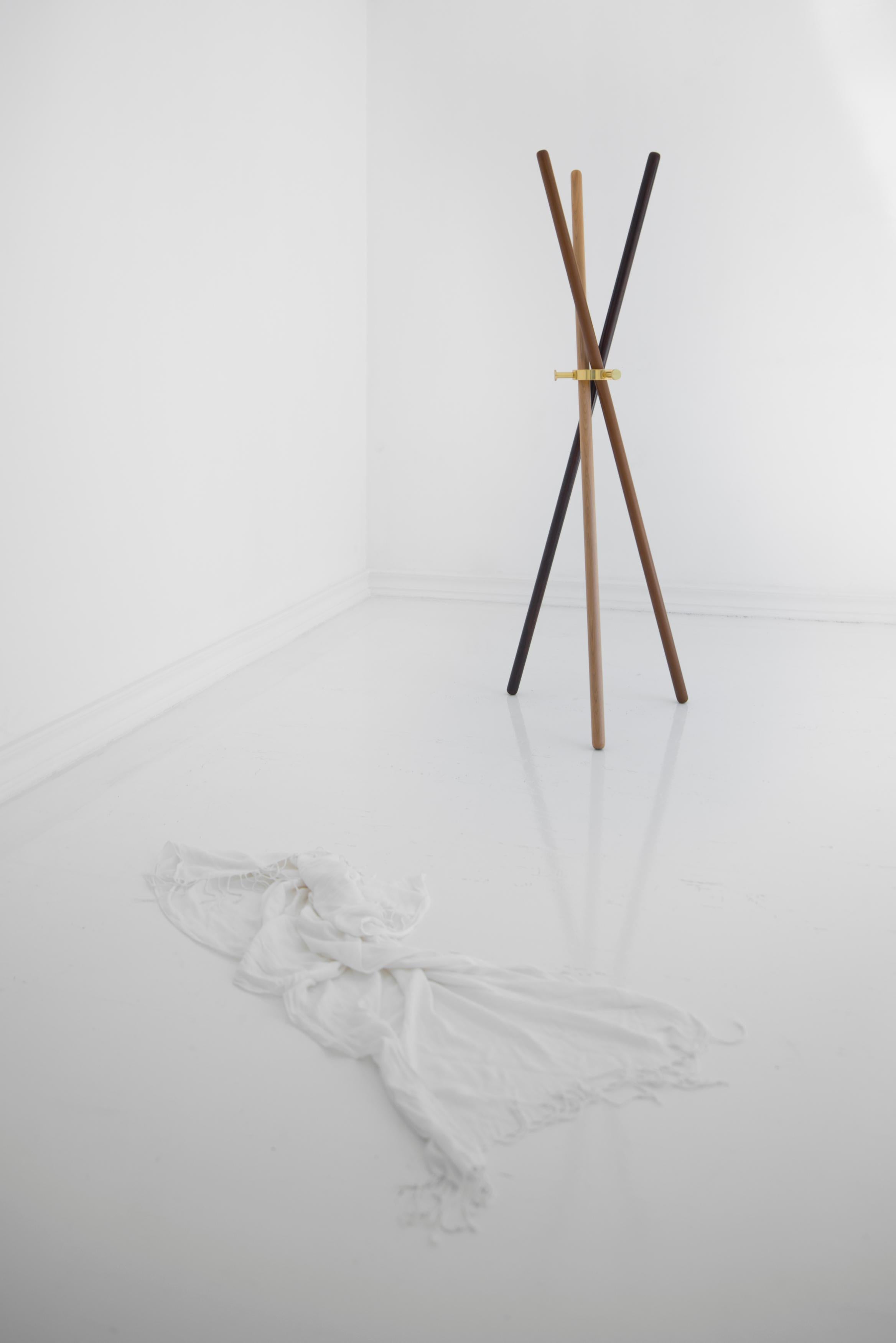 Modern Brass and wood Sculpted Coat Stand, Leandro Garcia, Contemporary Brazil Design