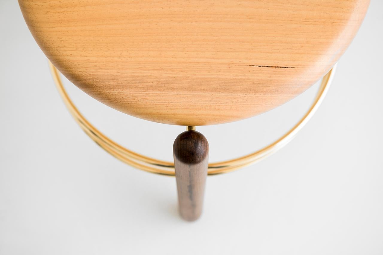 Modern Brass and Wood Sculpted Stool by Leandro Garcia Contemporary Brazil Design For Sale