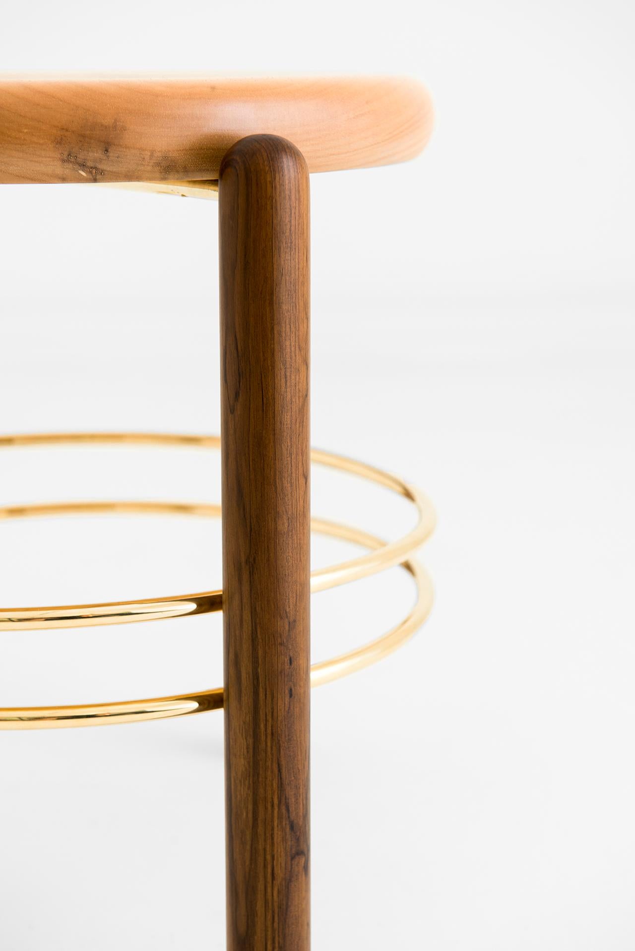 Brazilian Brass and Wood Sculpted Stool by Leandro Garcia Contemporary Brazil Design For Sale