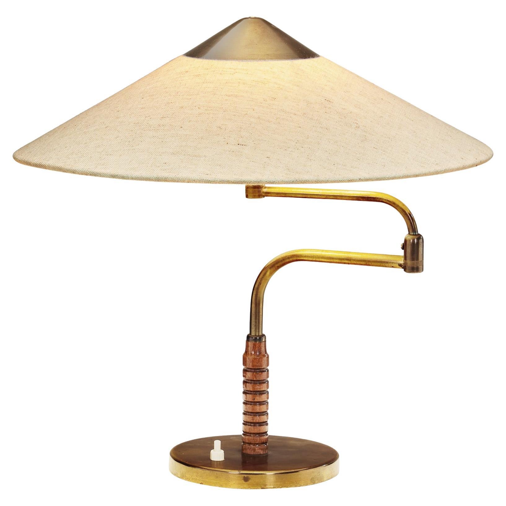 Brass and Wood Table Lamp with Rotating Arm for Lyfa, Denmark 1950s For Sale