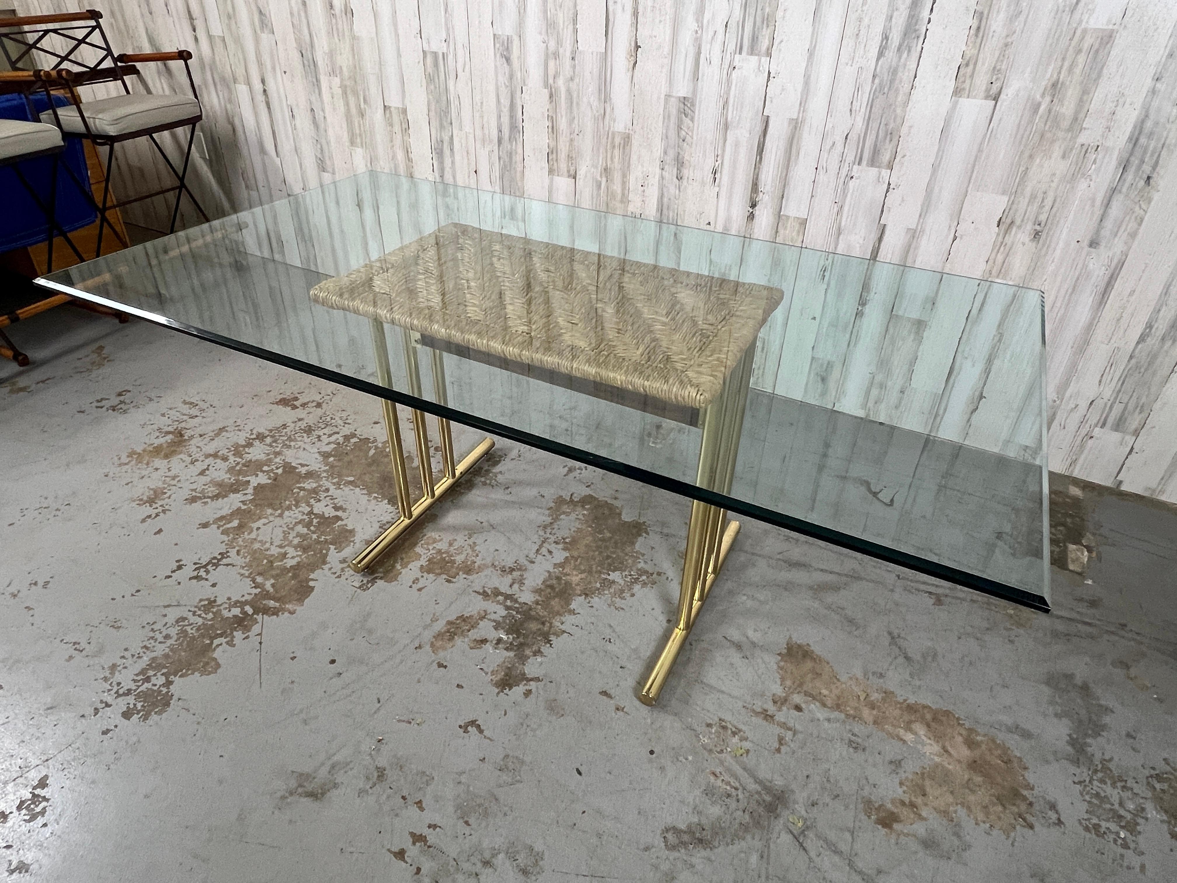 North American Brass and Woven Rush Dining Table  For Sale