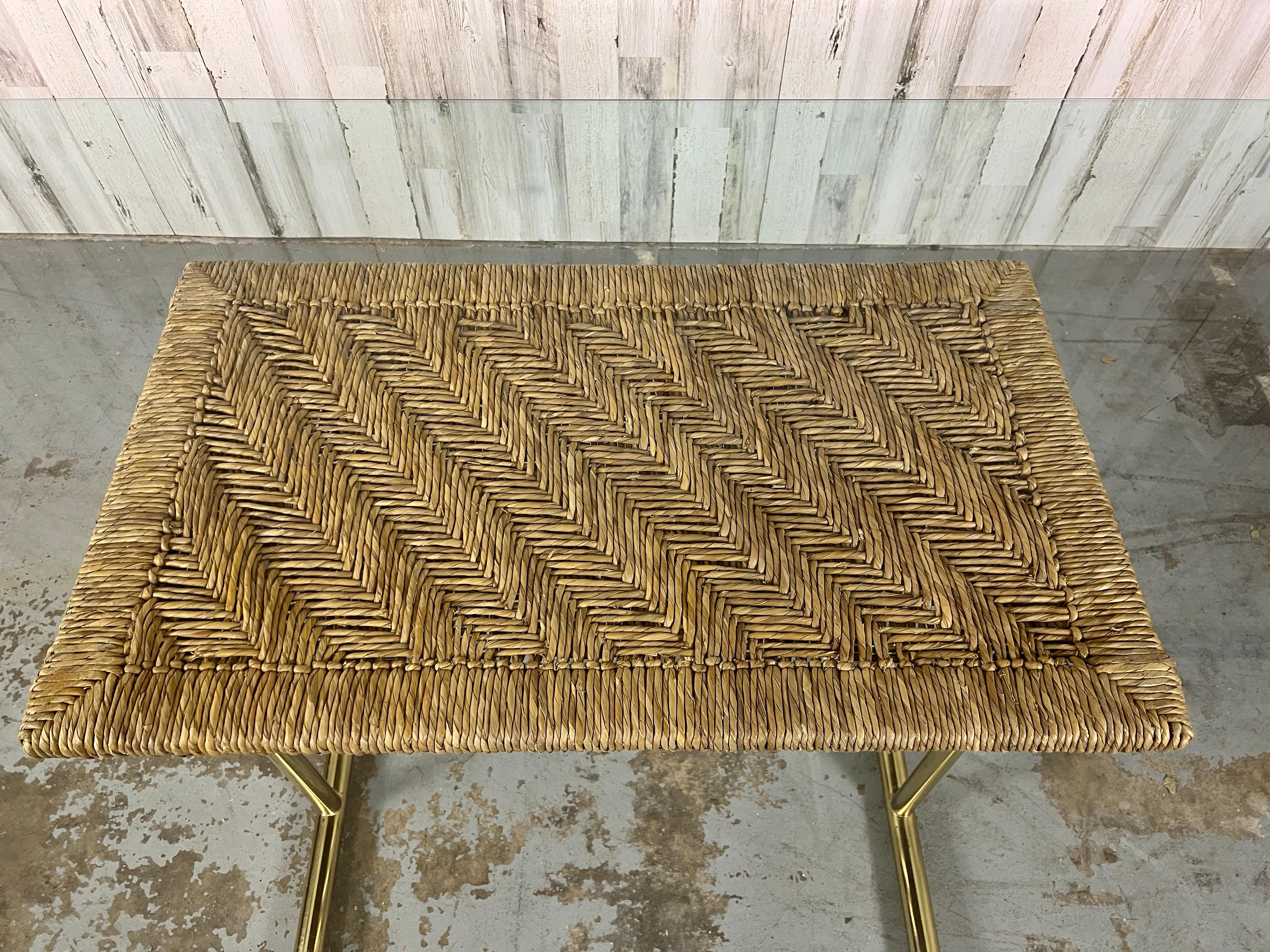 Plated Brass and Woven Rush Dining Table  For Sale
