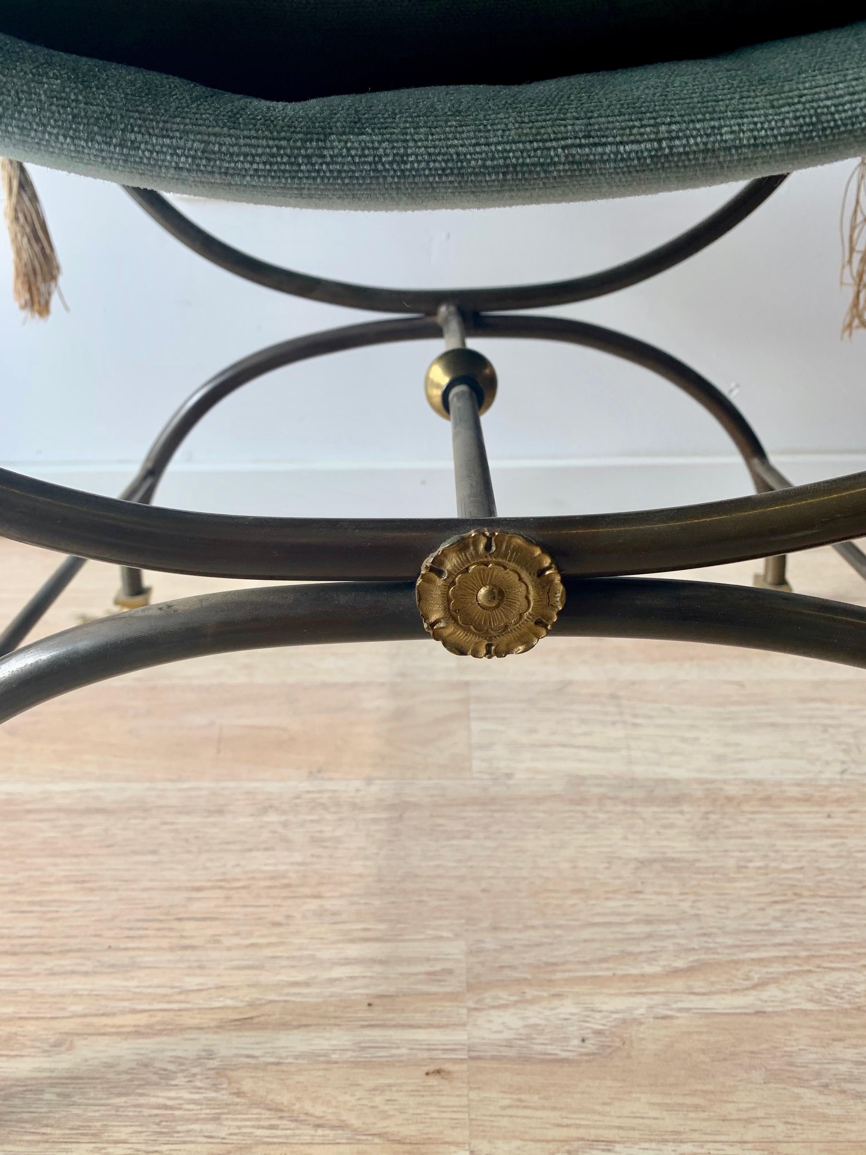 Brushed Maison Jansen Style Brass and Wrought Iron Vanity Stool