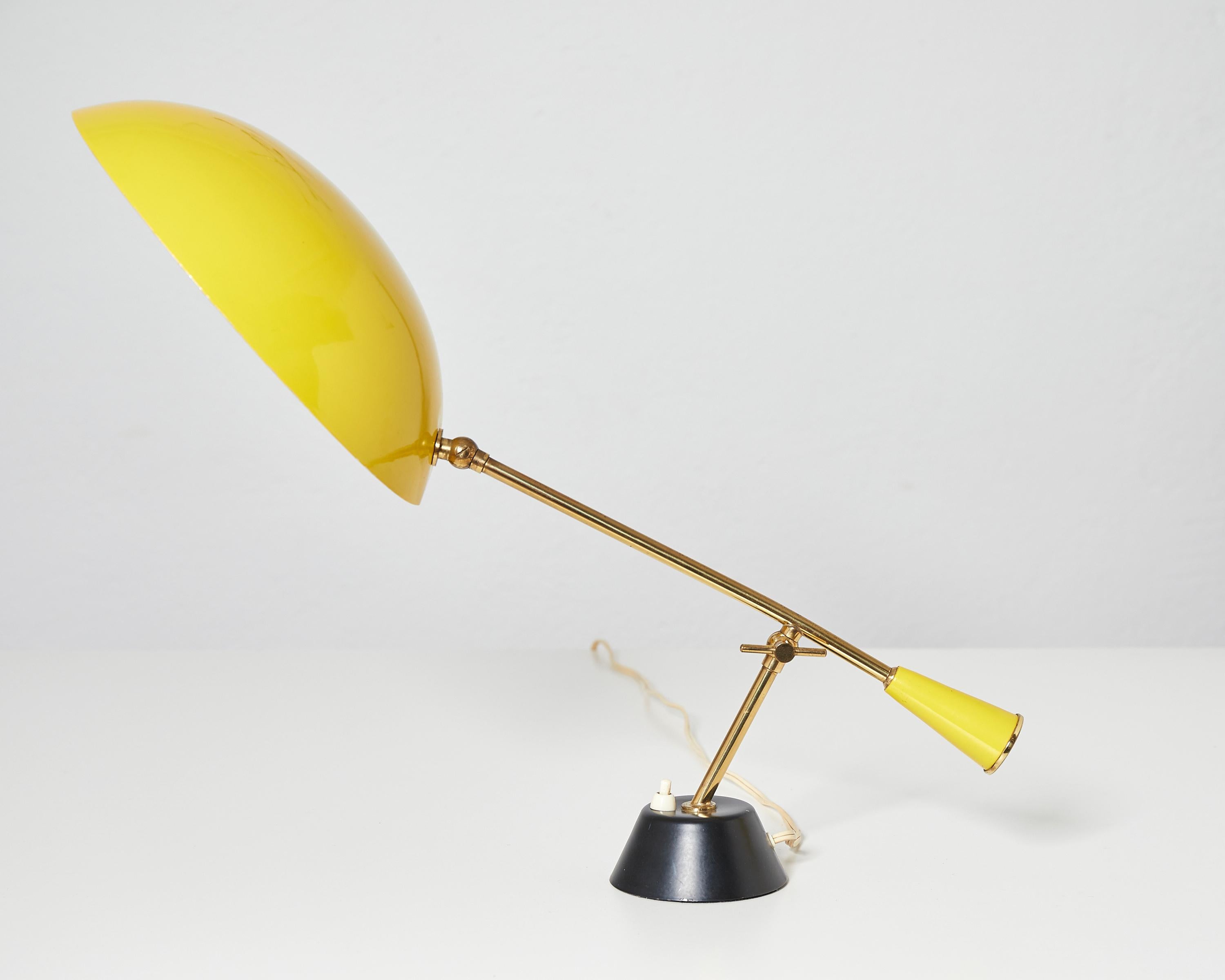 Brass and Yellow Lacquered Metal Table Lamp with Counterweight, Switzerland 1950 4