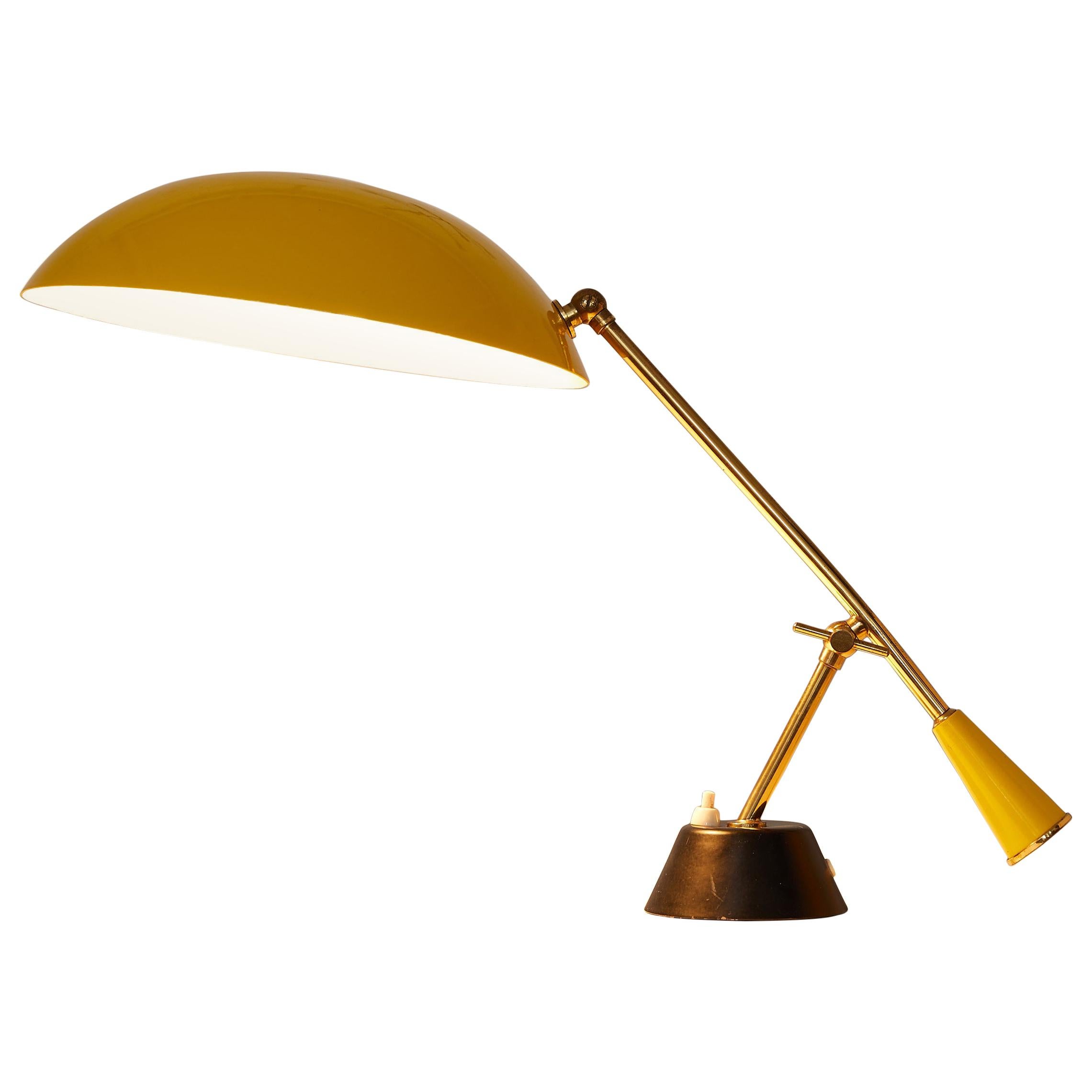 Brass and Yellow Lacquered Metal Table Lamp with Counterweight, Switzerland 1950
