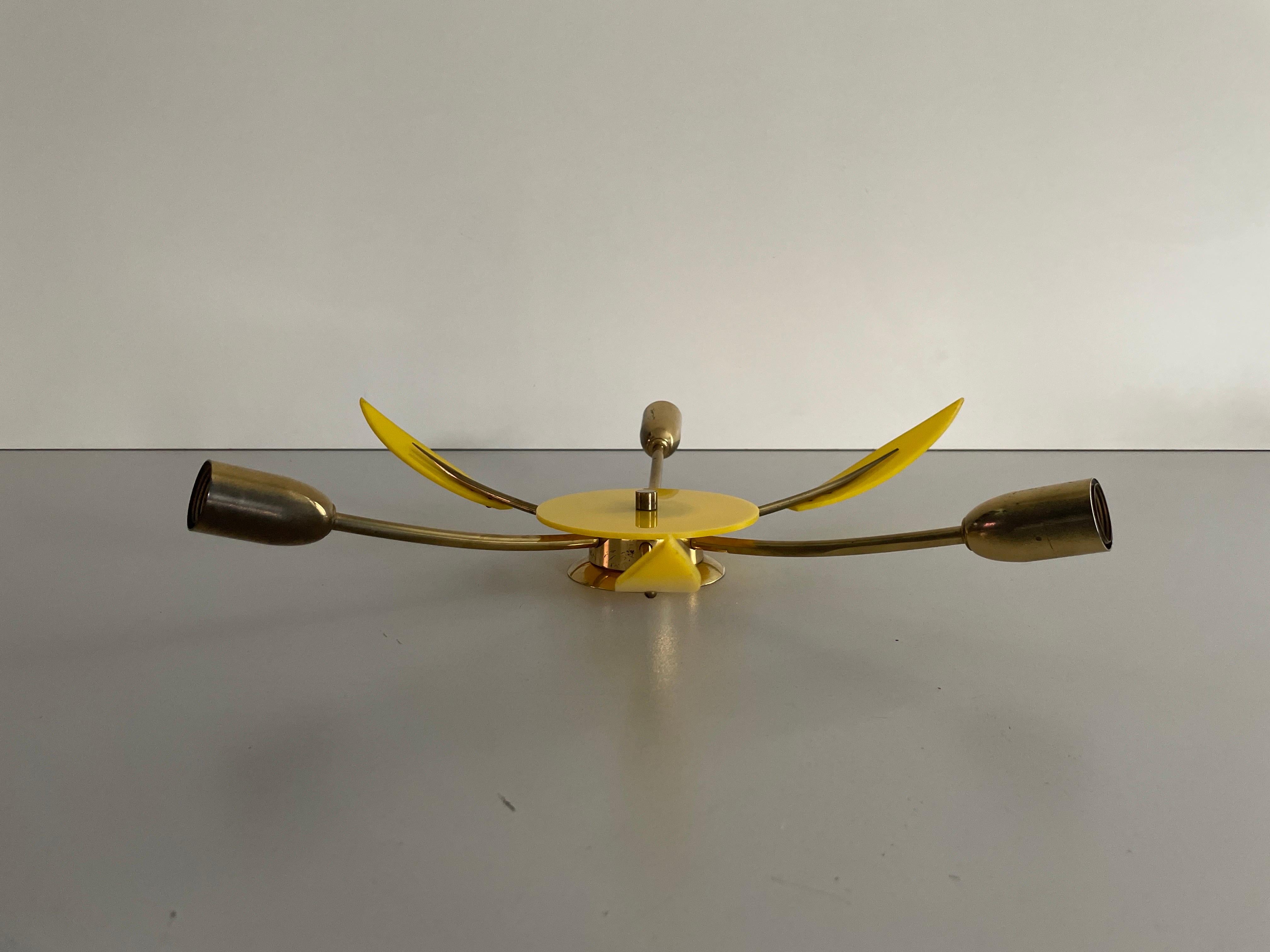 Mid-Century Modern Brass and Yellow Plexi Sputnik Flush Mount Light, 1970s, Germany For Sale