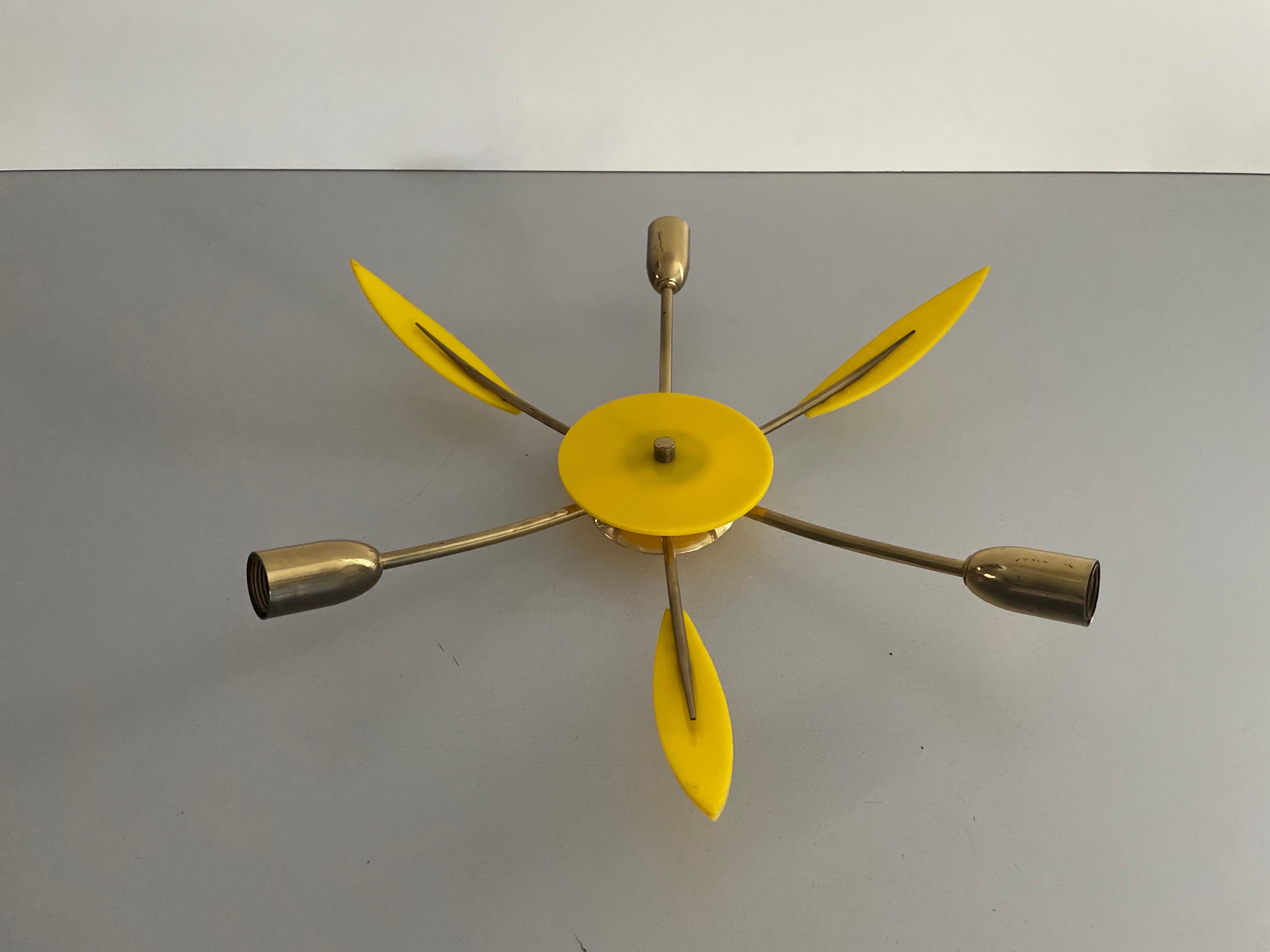 Late 20th Century Brass and Yellow Plexi Sputnik Flush Mount Light, 1970s, Germany For Sale