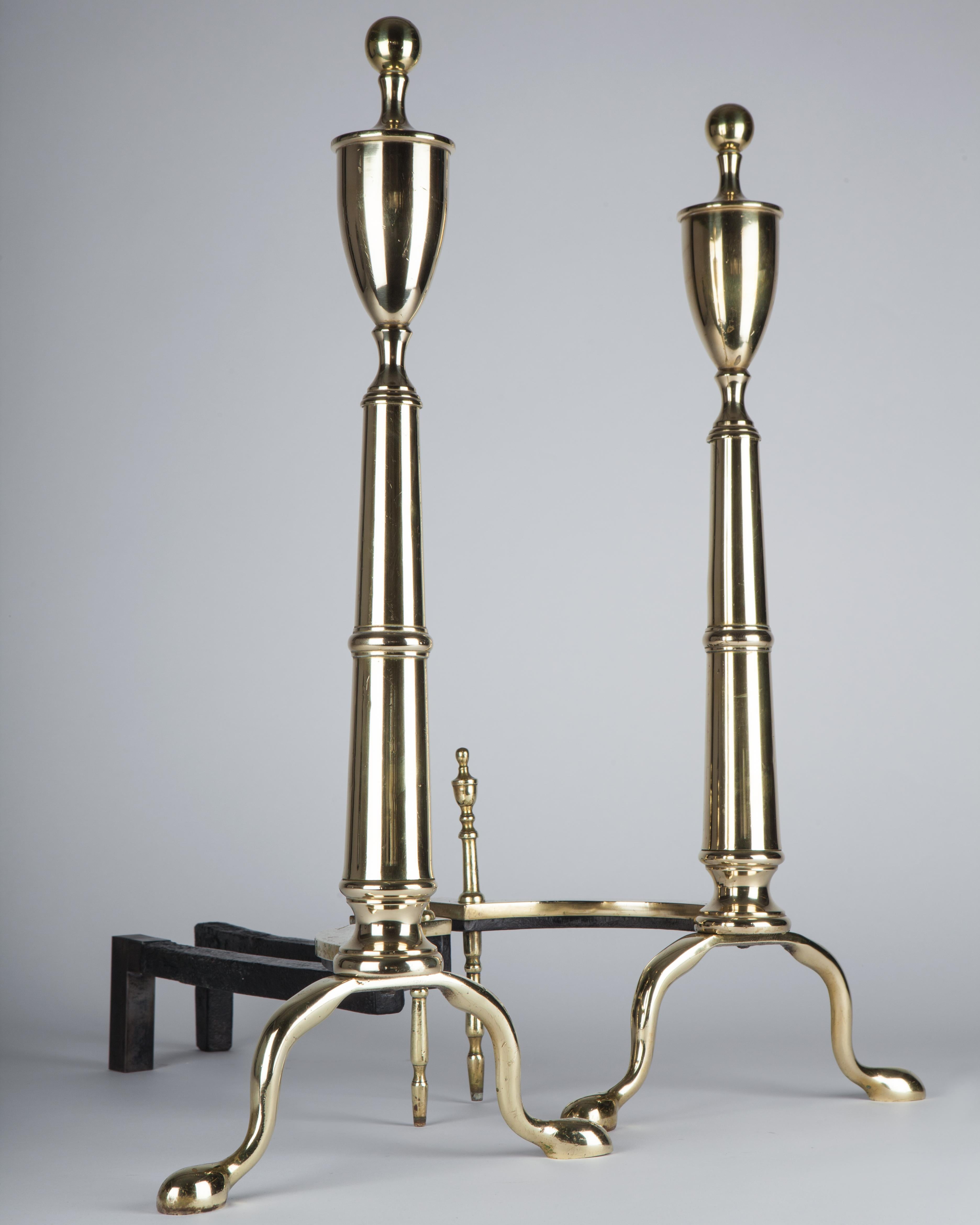 Federal Brass Andirons with Urn Finials and Pad Feet, Circa 1920s For Sale