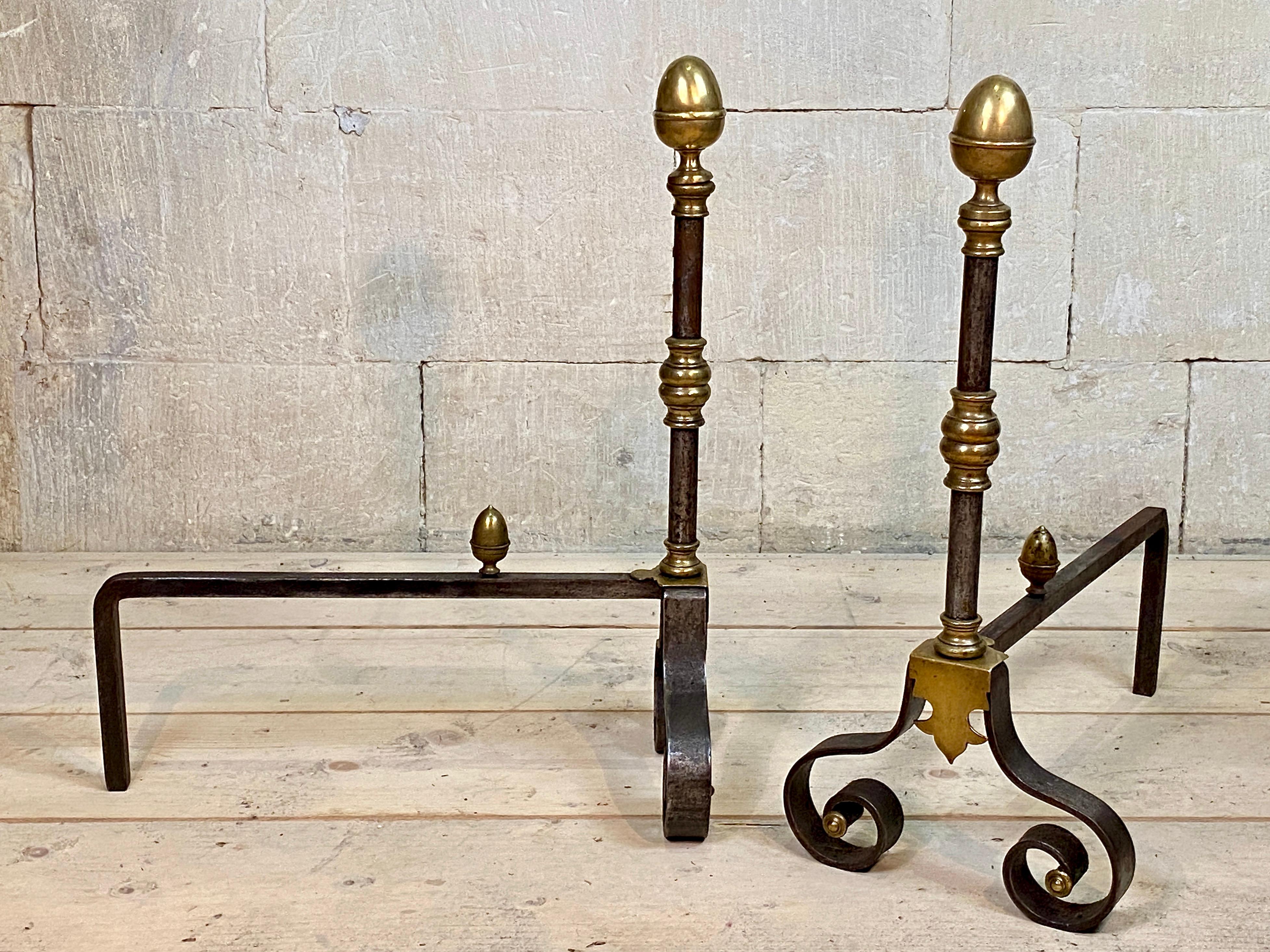 Neoclassical Brass Andirons Firedogs Burnished Steel Acorn Finials French For Sale